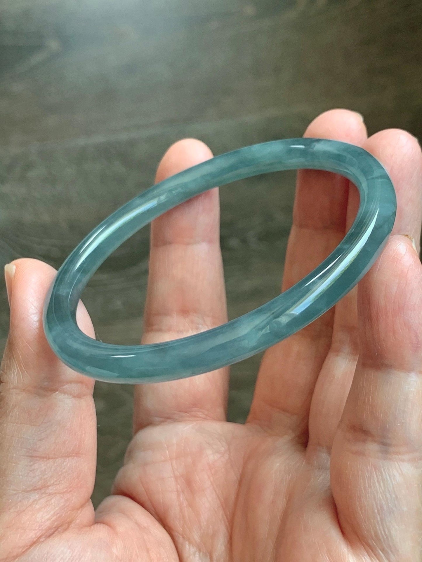 Certified Natural Grade A Guatemalan Icy Translucent Dusty Teal Blue Jade Jadeite Slim Bangle 55.93mm 6.91” 19g 天然冰胶危蓝绿翡翠细圆条手镯 1208