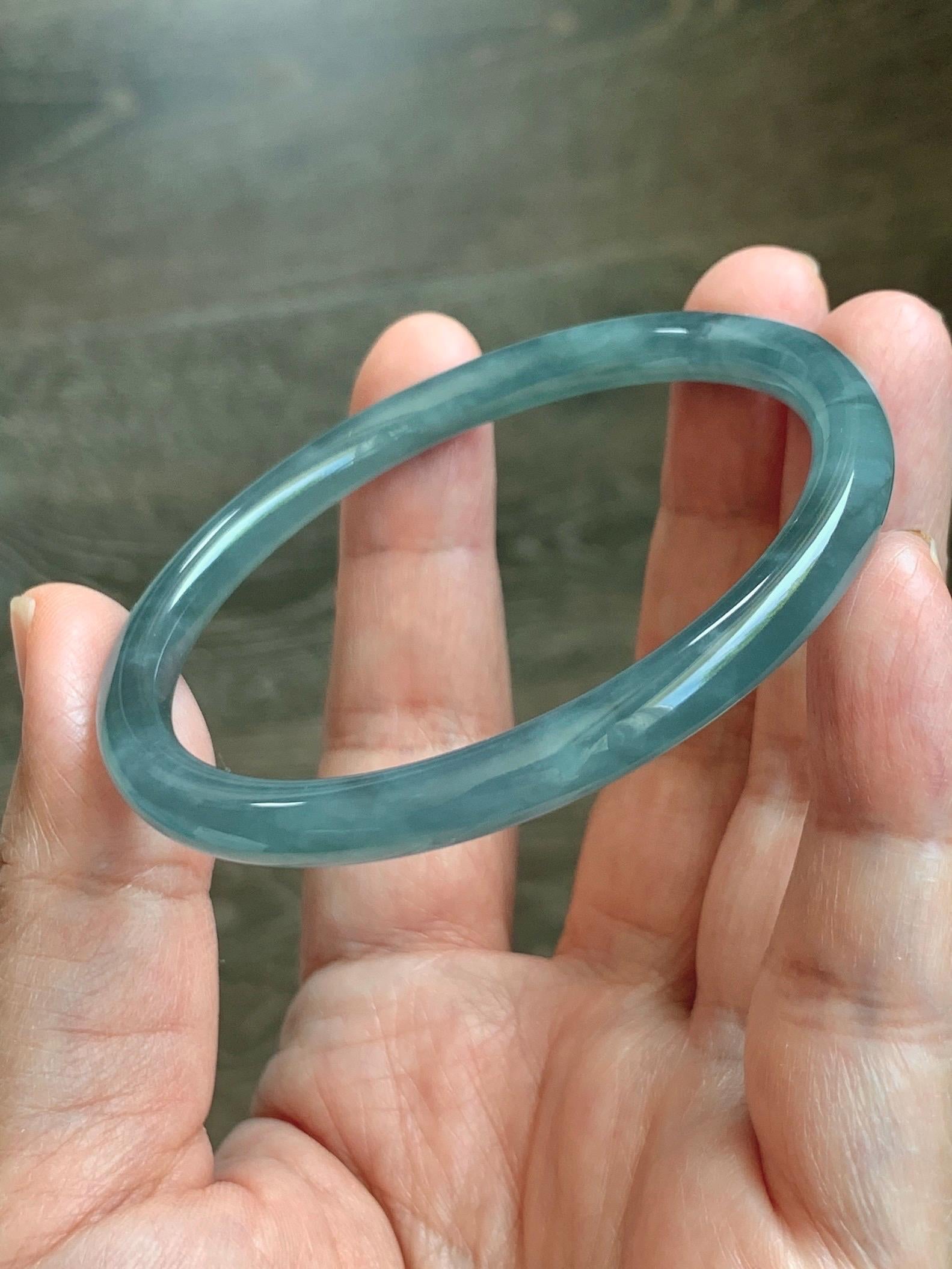 Certified Natural Grade A Guatemalan Icy Translucent Dusty Teal Blue Jade Jadeite Slim Bangle 55.93mm 6.91” 19g 天然冰胶危蓝绿翡翠细圆条手镯 1208