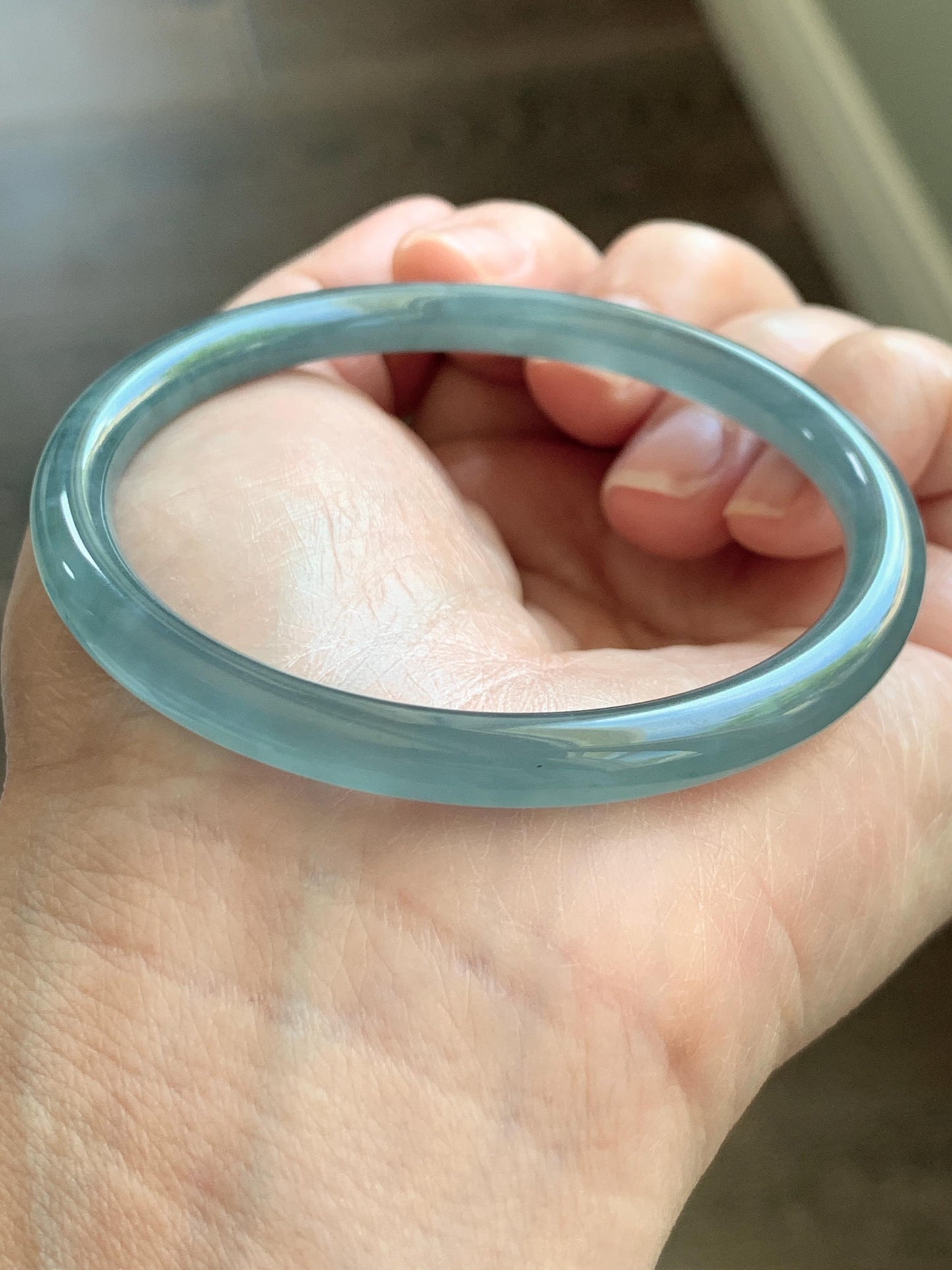 Certified Natural Grade A Guatemalan Icy Translucent Dusty Teal Blue Jade Jadeite Slim Bangle 55.93mm 6.91” 19g 天然冰胶危蓝绿翡翠细圆条手镯 1208