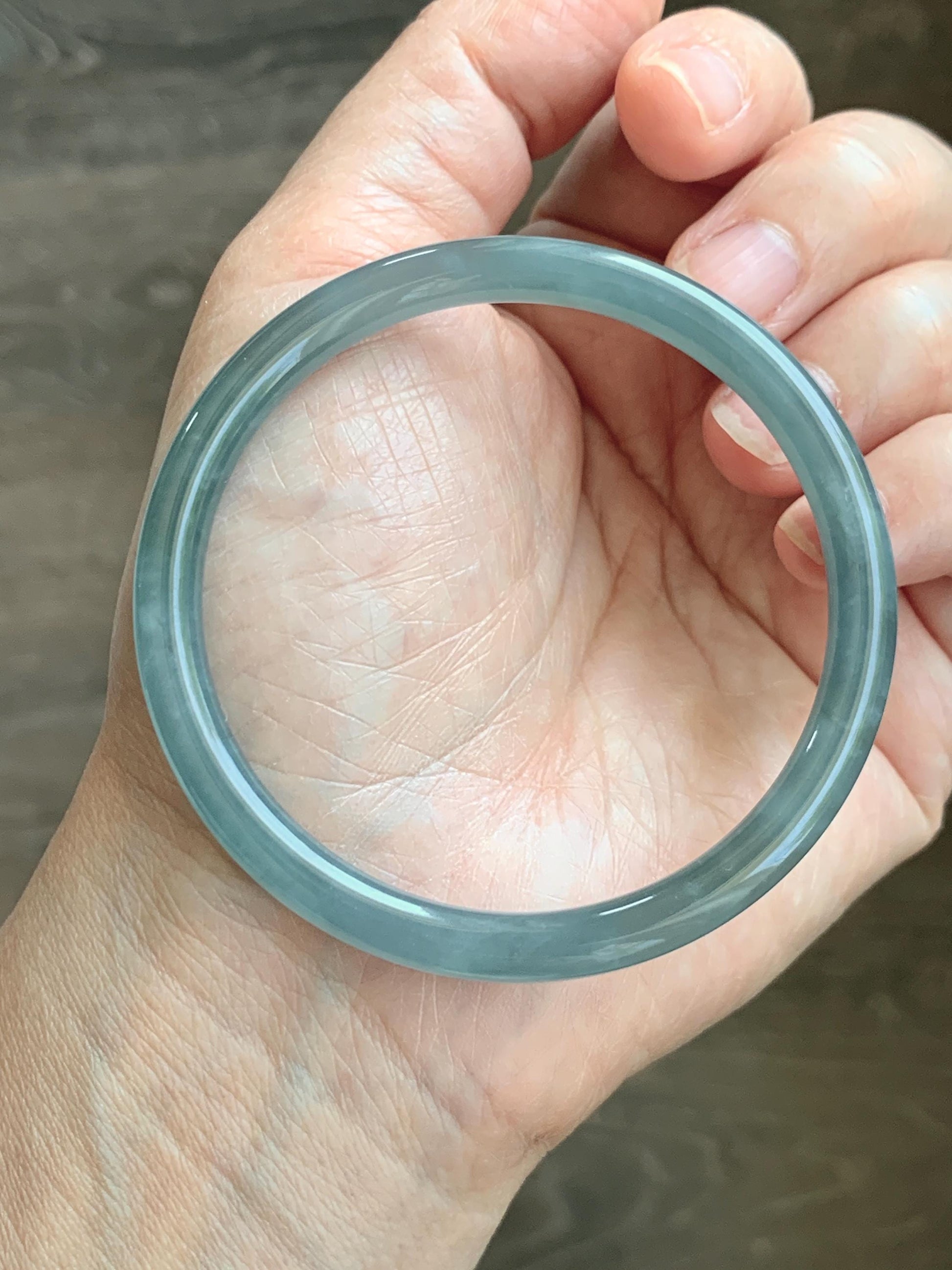 Certified Natural Grade A Guatemalan Icy Translucent Dusty Teal Blue Jade Jadeite Slim Bangle 55.93mm 6.91” 19g 天然冰胶危蓝绿翡翠细圆条手镯 1208