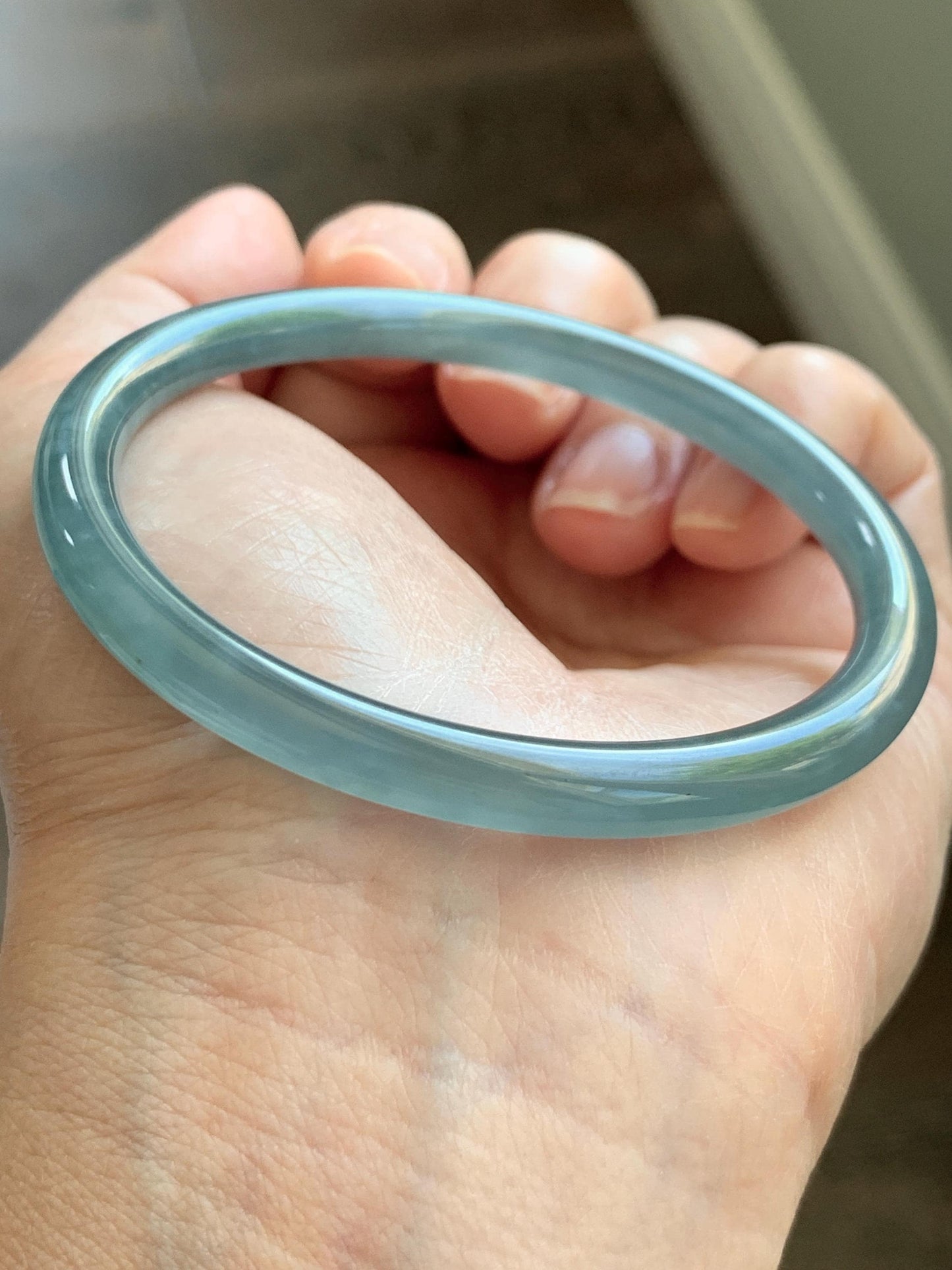 Certified Natural Grade A Guatemalan Icy Translucent Dusty Teal Blue Jade Jadeite Slim Bangle 55.93mm 6.91” 19g 天然冰胶危蓝绿翡翠细圆条手镯 1208