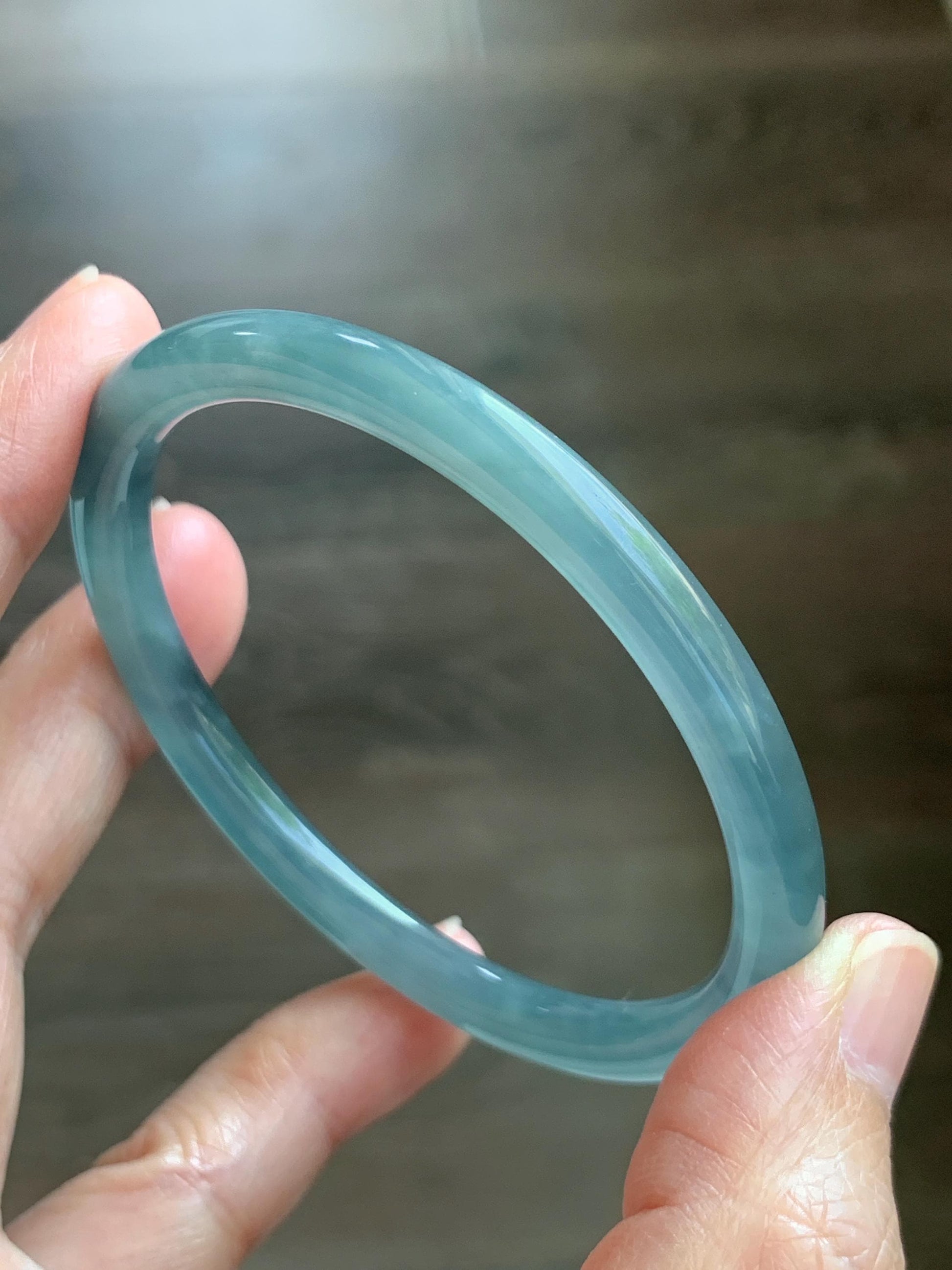 Certified Natural Grade A Guatemalan Icy Translucent Dusty Teal Blue Jade Jadeite Slim Bangle 55.93mm 6.91” 19g 天然冰胶危蓝绿翡翠细圆条手镯 1208