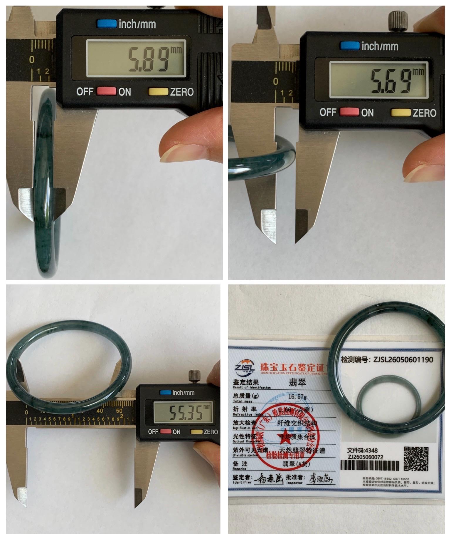 Certified Natural Grade A Guatemalan Icy Translucent Dark Teal Green Jade Jadeite Slim Bangle 55.35mm 6.84” 16.57g 天然冰胶危深蓝绿翡翠细圆条手镯 1190