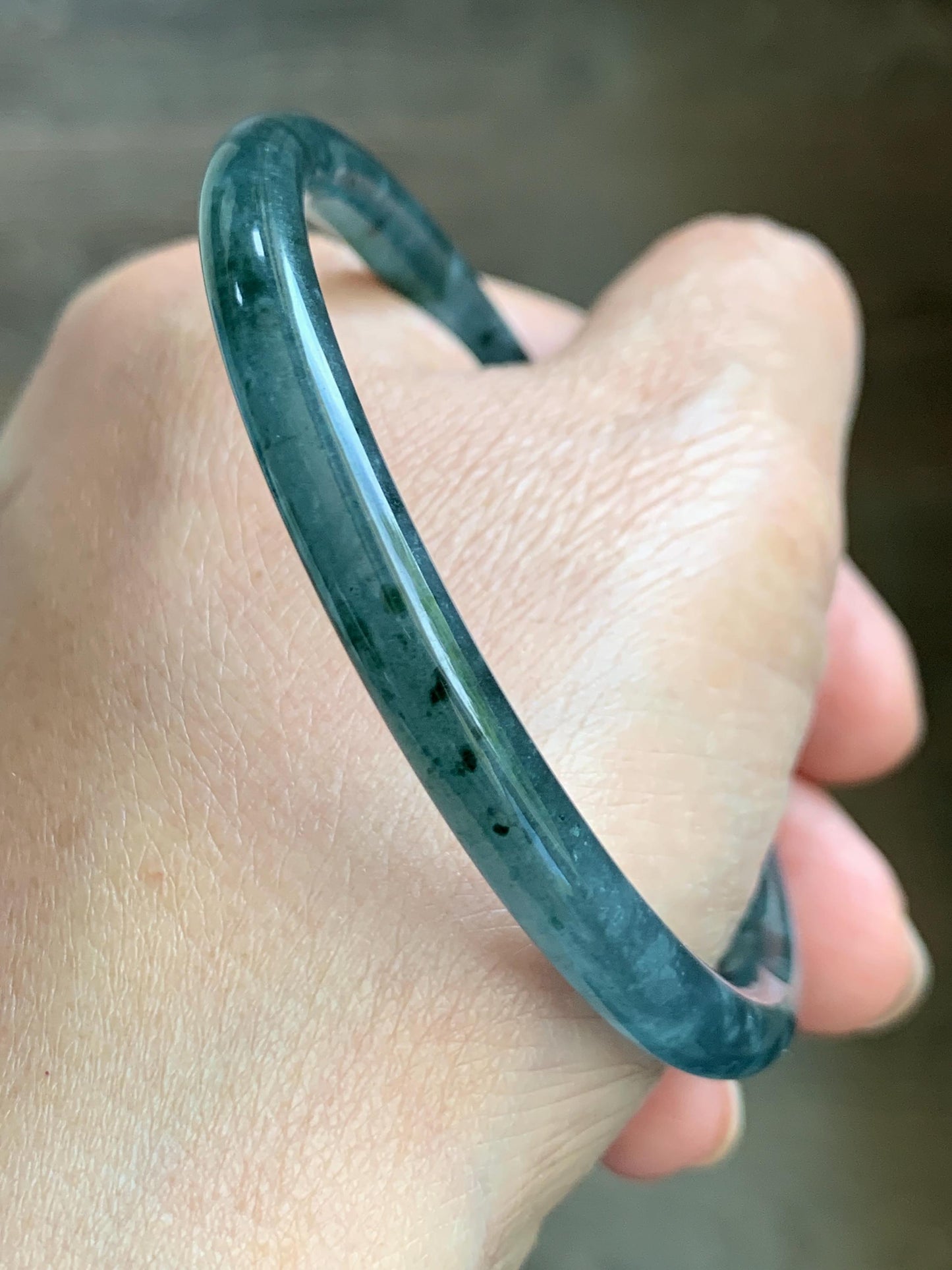 Certified Natural Grade A Guatemalan Icy Translucent Dark Teal Green Jade Jadeite Slim Bangle 55.35mm 6.84” 16.57g 天然冰胶危深蓝绿翡翠细圆条手镯 1190