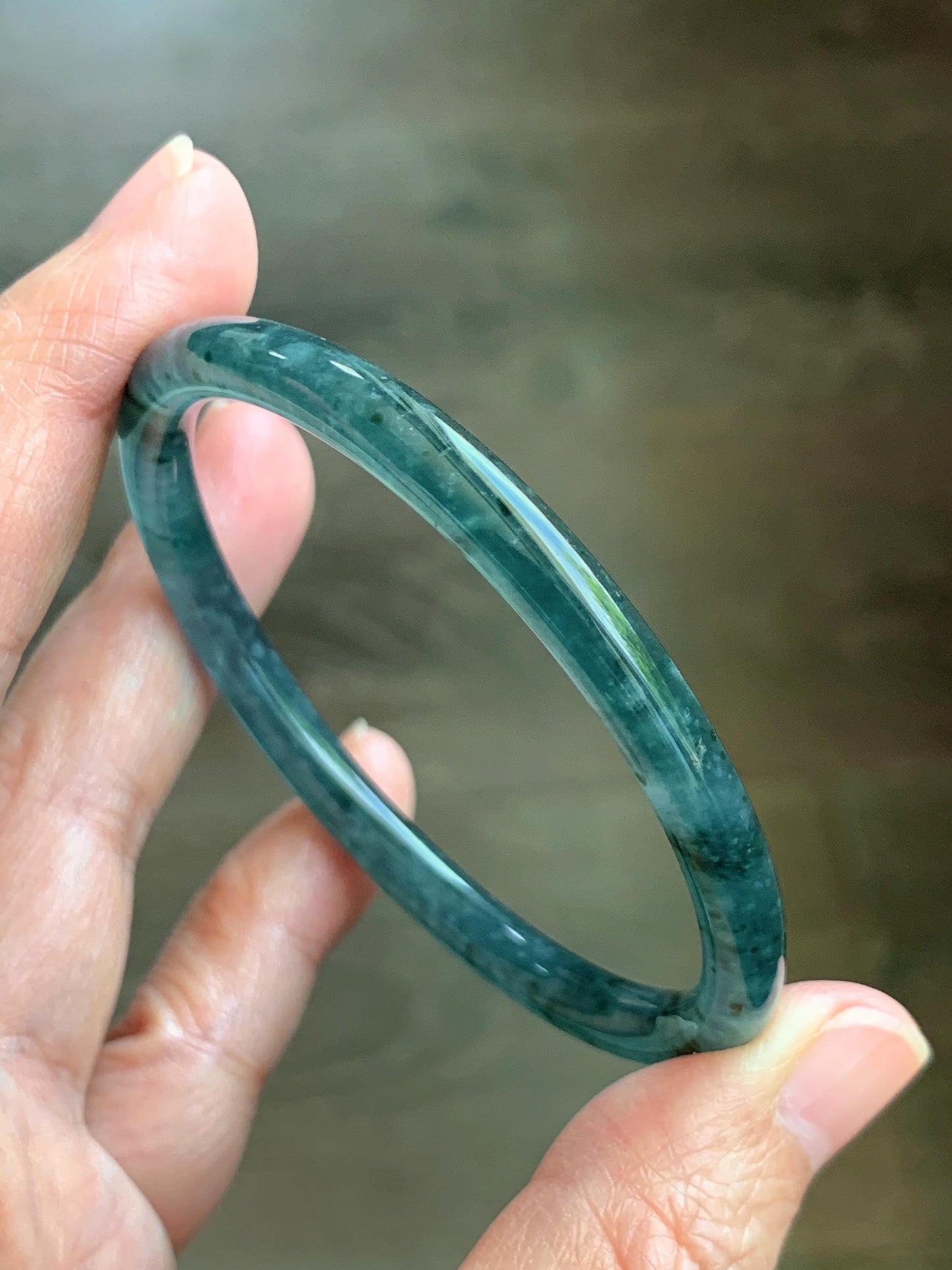 Certified Natural Grade A Guatemalan Icy Translucent Dark Teal Green Jade Jadeite Slim Bangle 55.35mm 6.84” 16.57g 天然冰胶危深蓝绿翡翠细圆条手镯 1190