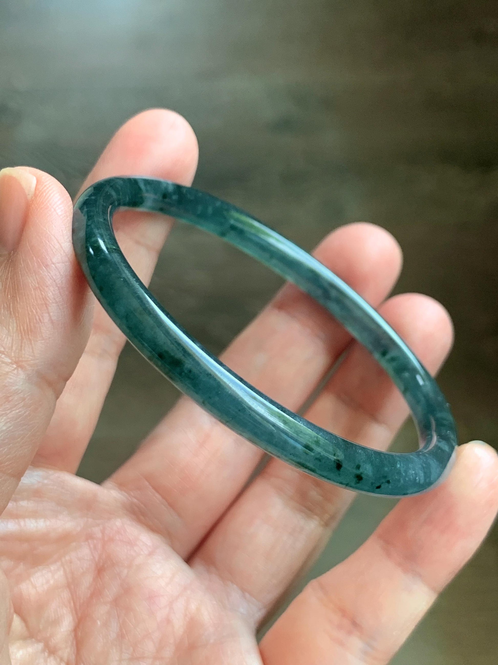 Certified Natural Grade A Guatemalan Icy Translucent Dark Teal Green Jade Jadeite Slim Bangle 55.35mm 6.84” 16.57g 天然冰胶危深蓝绿翡翠细圆条手镯 1190