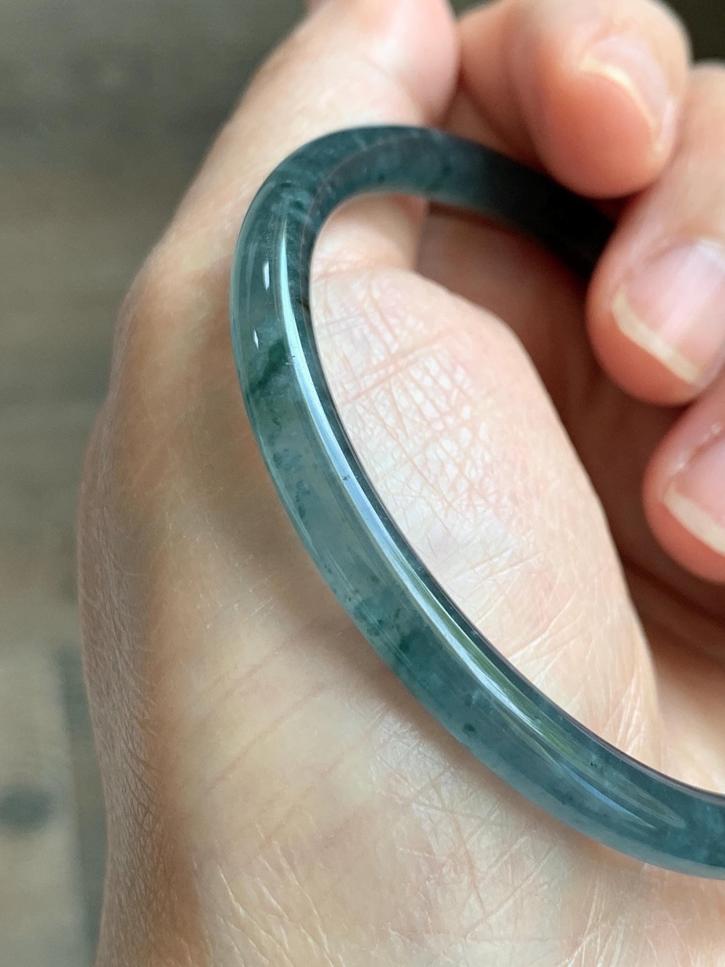 Certified Natural Grade A Guatemalan Icy Translucent Dark Teal Green Jade Jadeite Slim Bangle 55.35mm 6.84” 16.57g 天然冰胶危深蓝绿翡翠细圆条手镯 1190