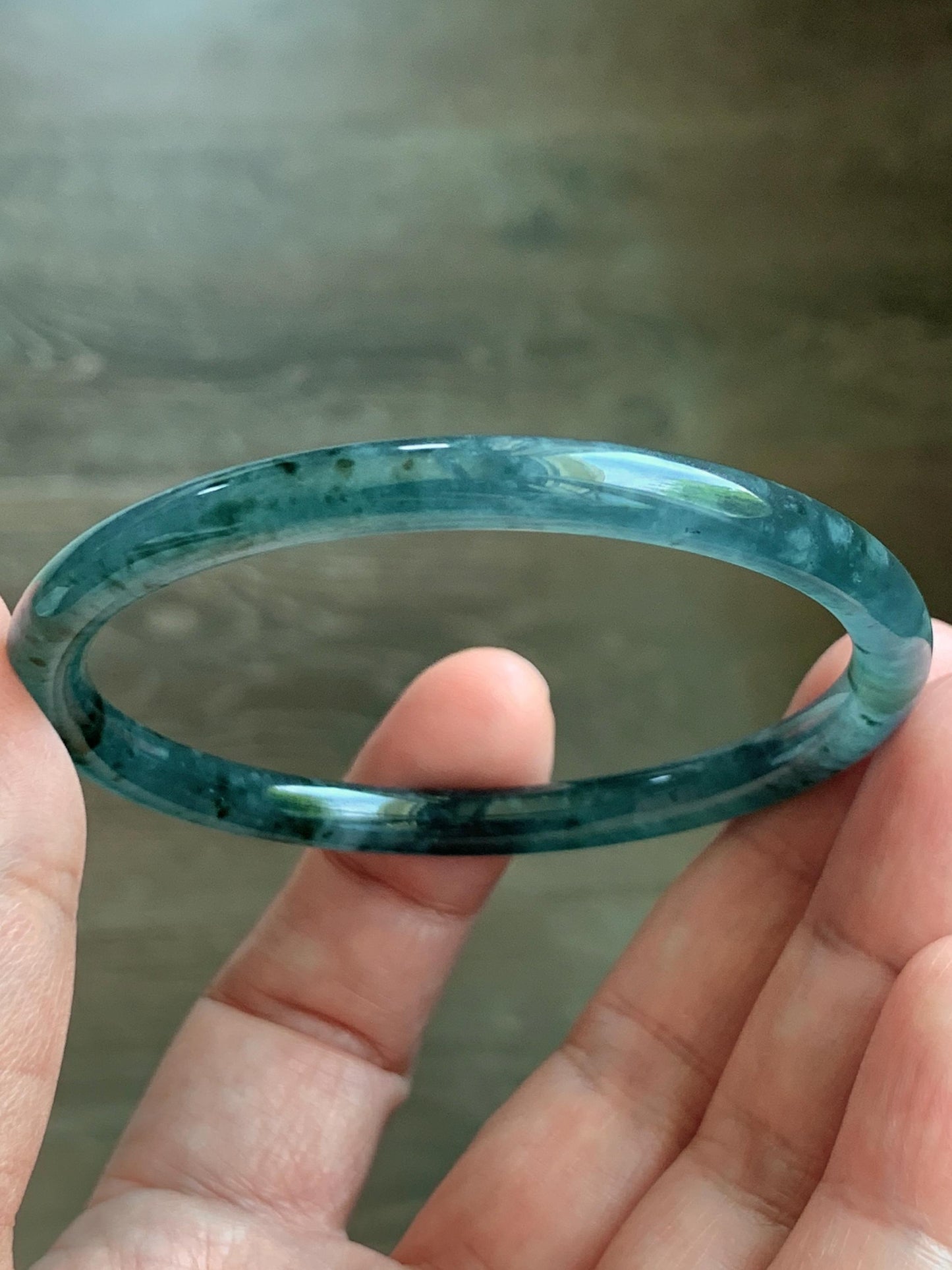 Certified Natural Grade A Guatemalan Icy Translucent Dark Teal Green Jade Jadeite Slim Bangle 55.35mm 6.84” 16.57g 天然冰胶危深蓝绿翡翠细圆条手镯 1190