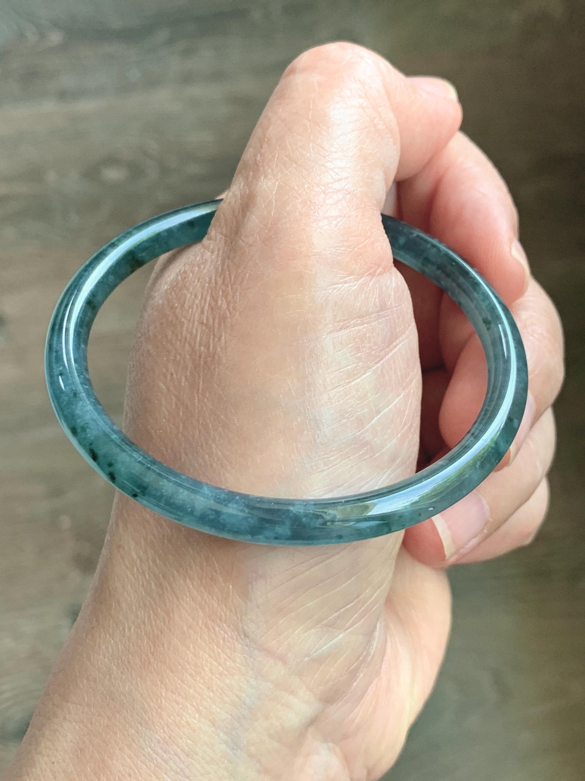 Certified Natural Grade A Guatemalan Icy Translucent Dark Teal Green Jade Jadeite Slim Bangle 55.35mm 6.84” 16.57g 天然冰胶危深蓝绿翡翠细圆条手镯 1190