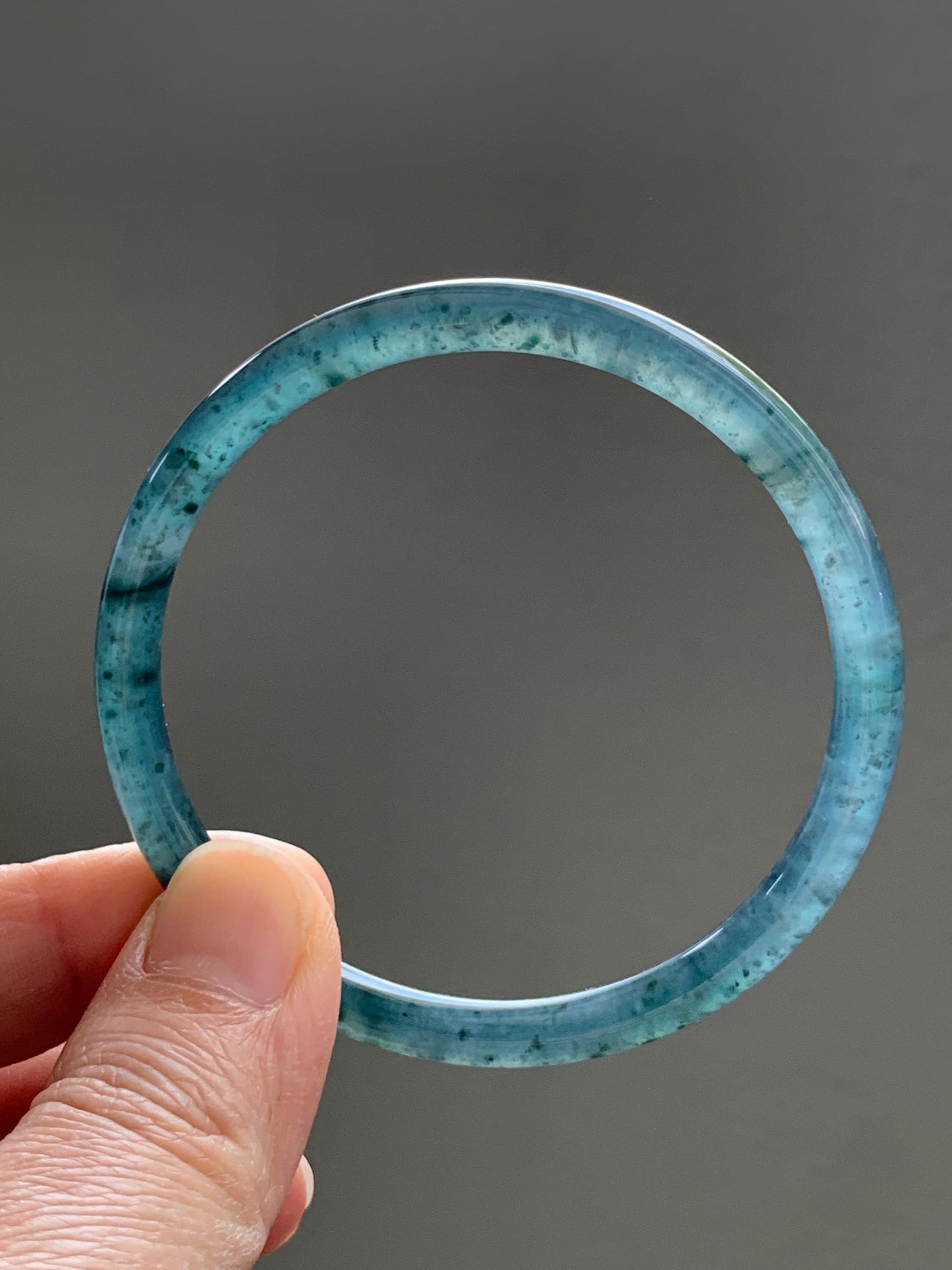 Certified Natural Grade A Guatemalan Icy Translucent Dark Teal Green Jade Jadeite Slim Bangle 55.35mm 6.84” 16.57g 天然冰胶危深蓝绿翡翠细圆条手镯 1190