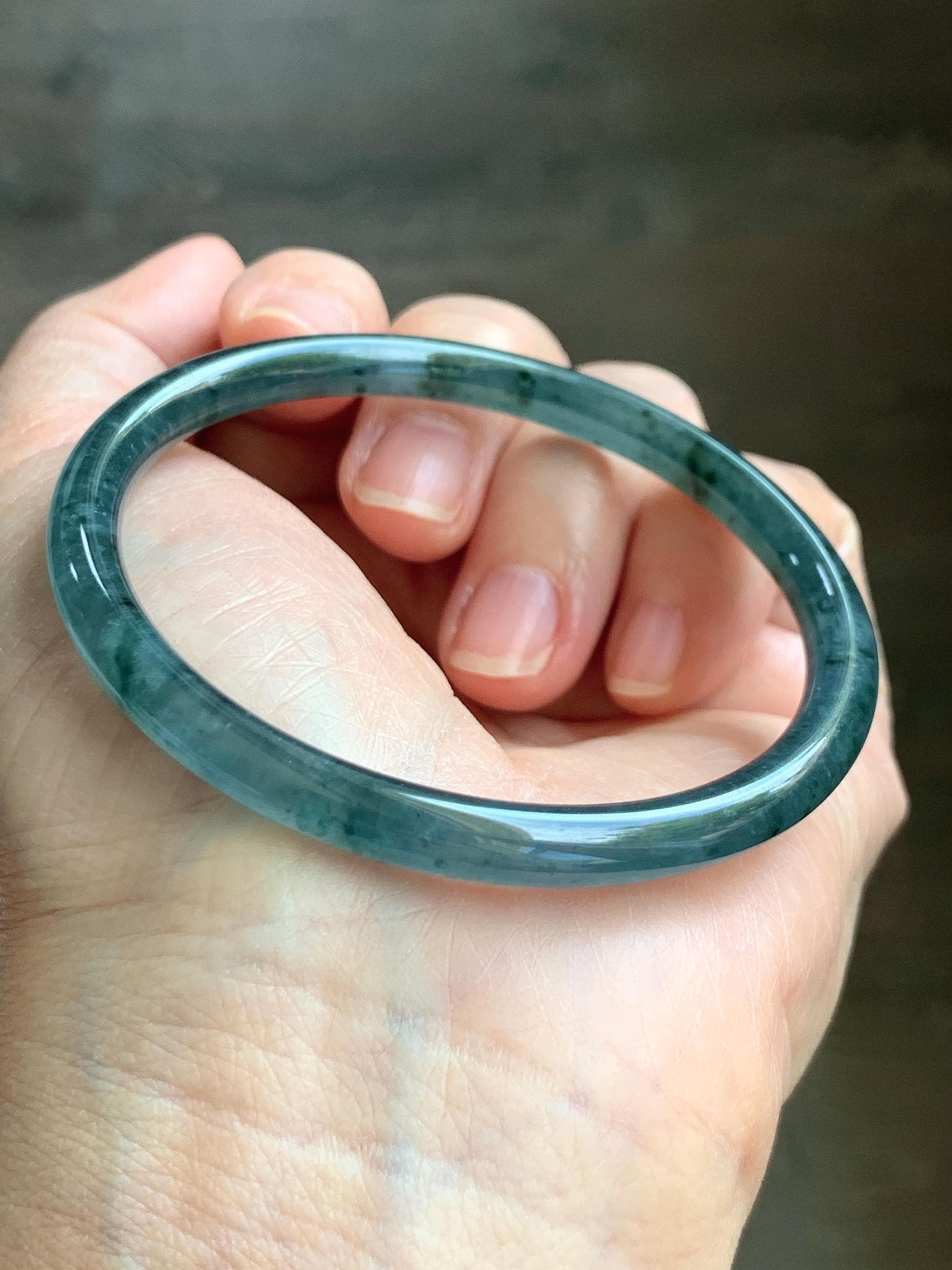 Certified Natural Grade A Guatemalan Icy Translucent Dark Teal Green Jade Jadeite Slim Bangle 55.35mm 6.84” 16.57g 天然冰胶危深蓝绿翡翠细圆条手镯 1190