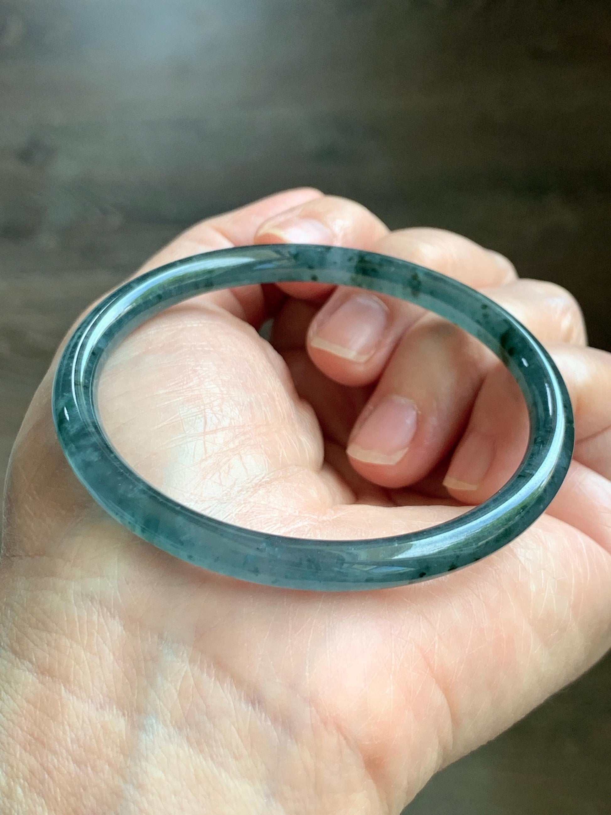 Certified Natural Grade A Guatemalan Icy Translucent Dark Teal Green Jade Jadeite Slim Bangle 55.35mm 6.84” 16.57g 天然冰胶危深蓝绿翡翠细圆条手镯 1190