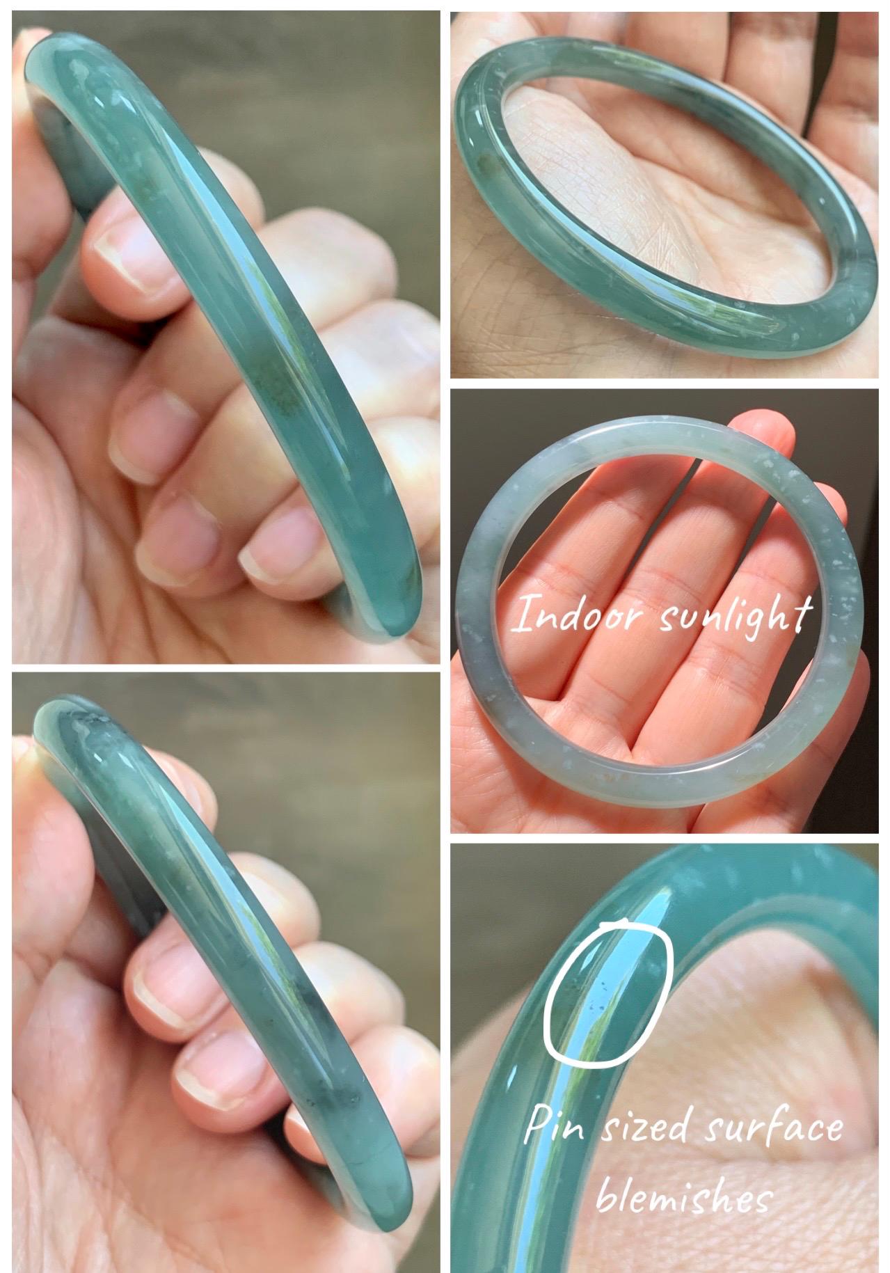 Certified Natural Grade A Guatemalan Icy Translucent Teal Green Wuji & Yellow Marbled Jade Jadeite Bangle 57.8mm 7.14” 天然冰胶危绿乌鸡撒金翡翠圆条手镯 1184