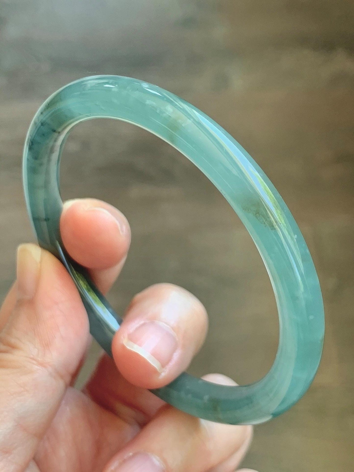 Certified Natural Grade A Guatemalan Icy Translucent Teal Green Wuji & Yellow Marbled Jade Jadeite Bangle 57.8mm 7.14” 天然冰胶危绿乌鸡撒金翡翠圆条手镯 1184