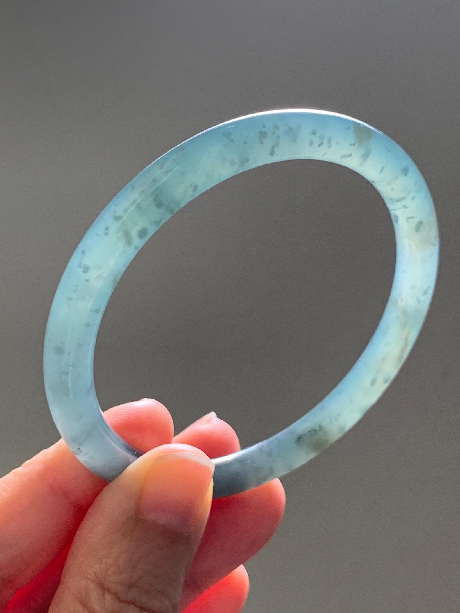 Certified Natural Grade A Guatemalan Icy Translucent Teal Green Wuji & Yellow Marbled Jade Jadeite Bangle 57.8mm 7.14” 天然冰胶危绿乌鸡撒金翡翠圆条手镯 1184