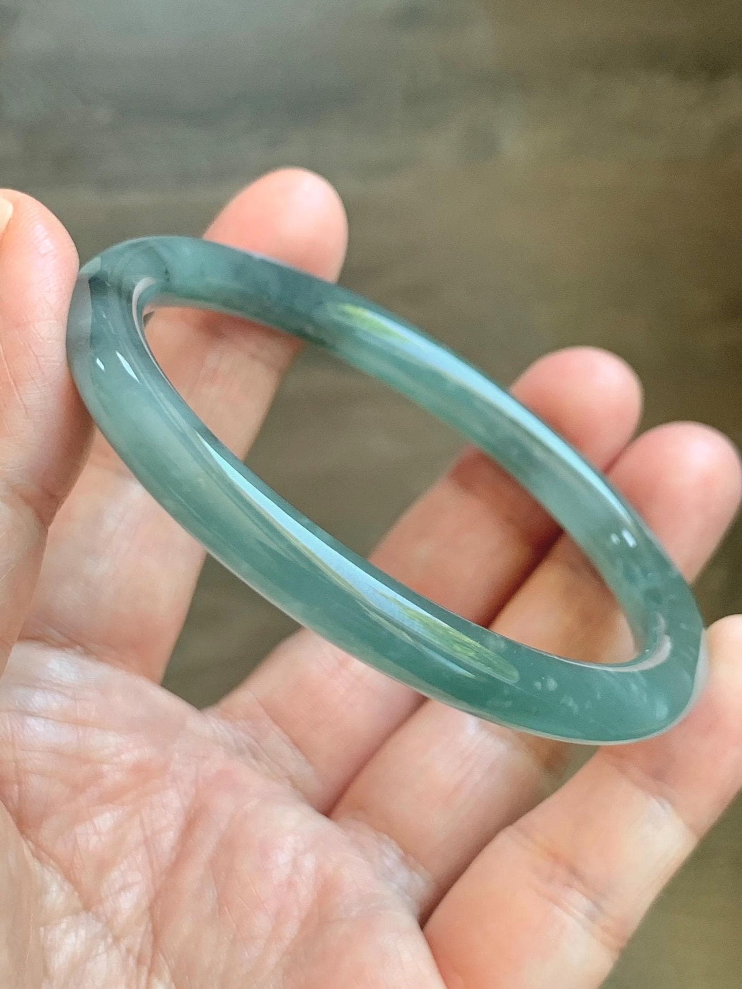 Certified Natural Grade A Guatemalan Icy Translucent Teal Green Wuji & Yellow Marbled Jade Jadeite Bangle 57.8mm 7.14” 天然冰胶危绿乌鸡撒金翡翠圆条手镯 1184
