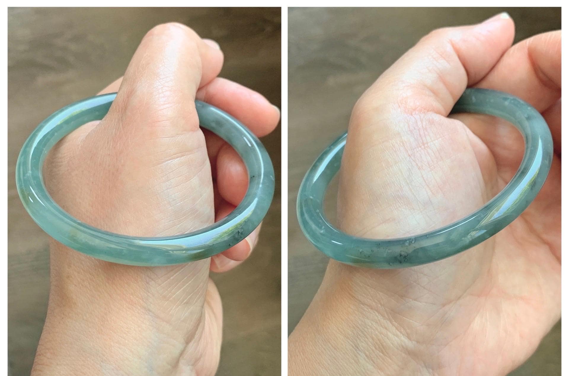 Certified Natural Grade A Guatemalan Icy Translucent Teal Green Wuji & Yellow Marbled Jade Jadeite Bangle 57.8mm 7.14” 天然冰胶危绿乌鸡撒金翡翠圆条手镯 1184
