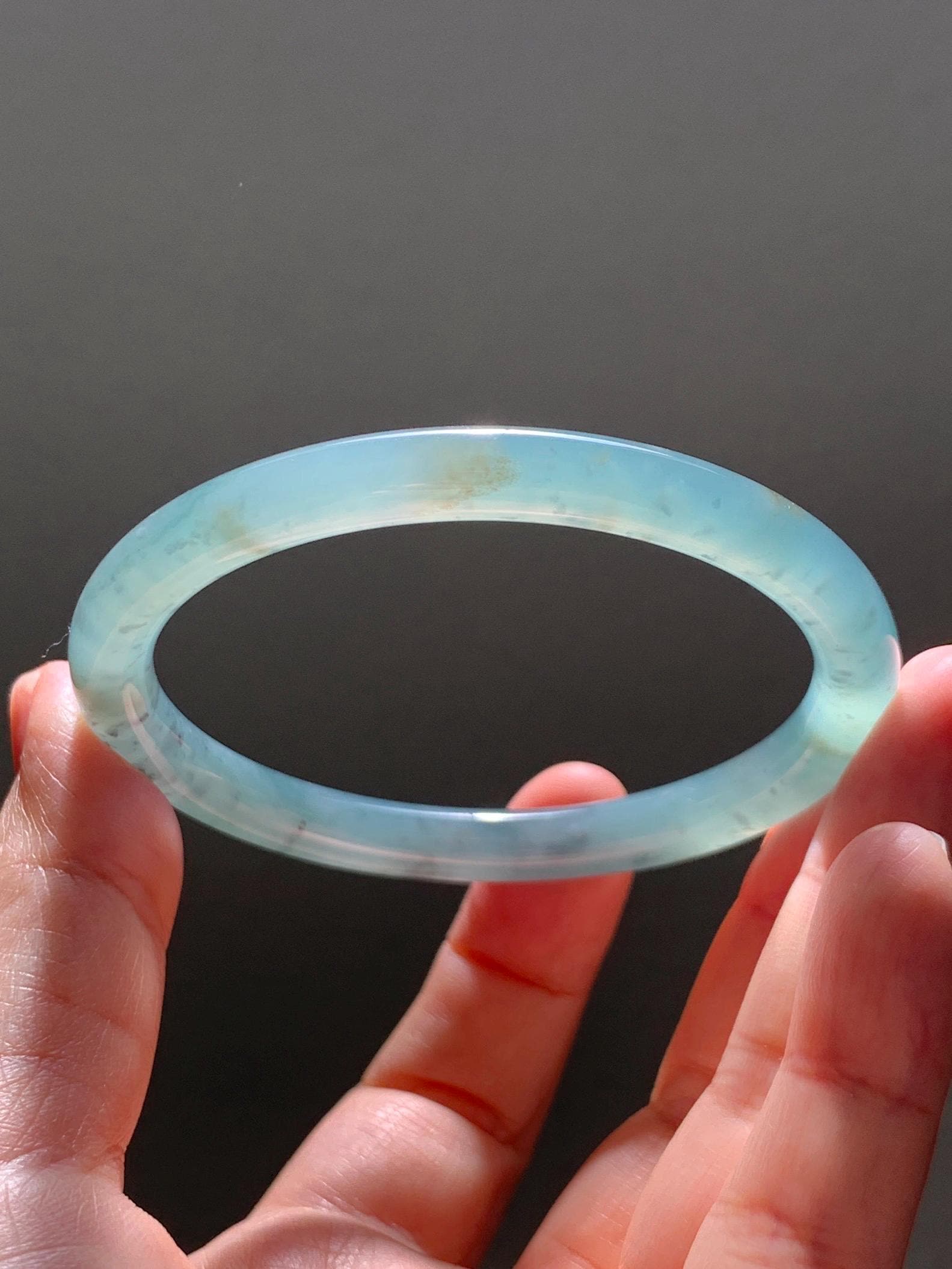 Certified Natural Grade A Guatemalan Icy Translucent Teal Green Wuji & Yellow Marbled Jade Jadeite Bangle 57.8mm 7.14” 天然冰胶危绿乌鸡撒金翡翠圆条手镯 1184