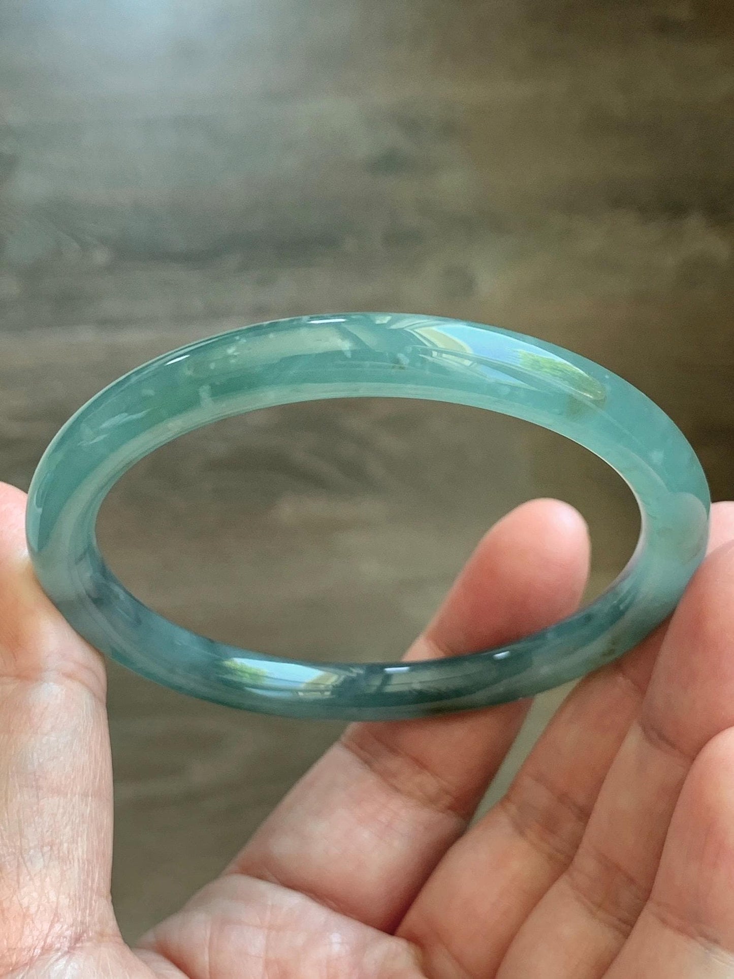 Certified Natural Grade A Guatemalan Icy Translucent Teal Green Wuji & Yellow Marbled Jade Jadeite Bangle 57.8mm 7.14” 天然冰胶危绿乌鸡撒金翡翠圆条手镯 1184