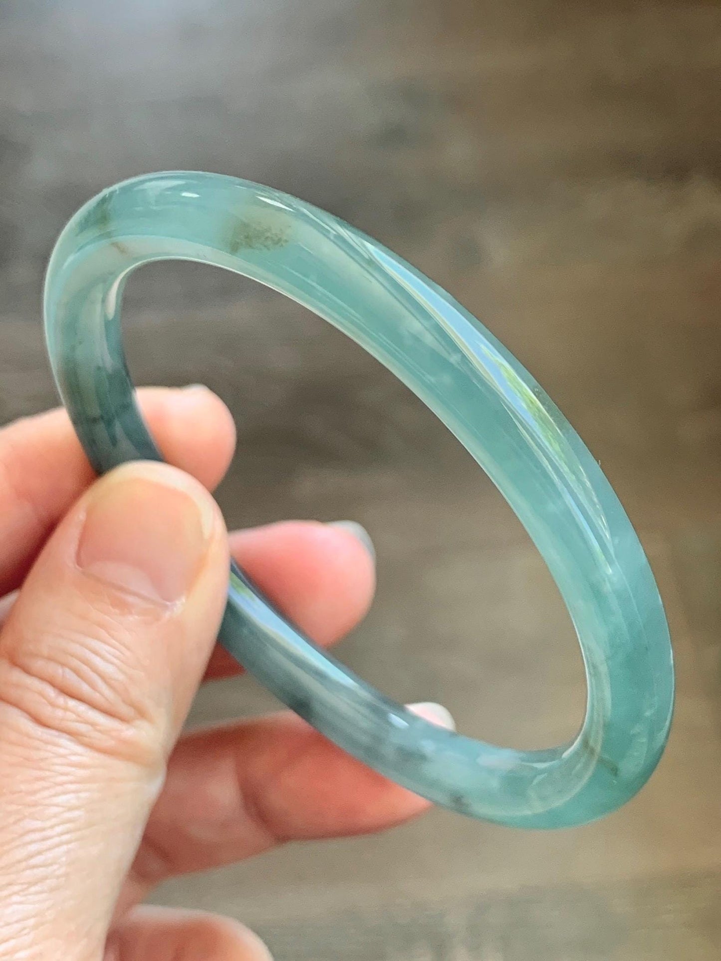 Certified Natural Grade A Guatemalan Icy Translucent Teal Green Wuji & Yellow Marbled Jade Jadeite Bangle 57.8mm 7.14” 天然冰胶危绿乌鸡撒金翡翠圆条手镯 1184
