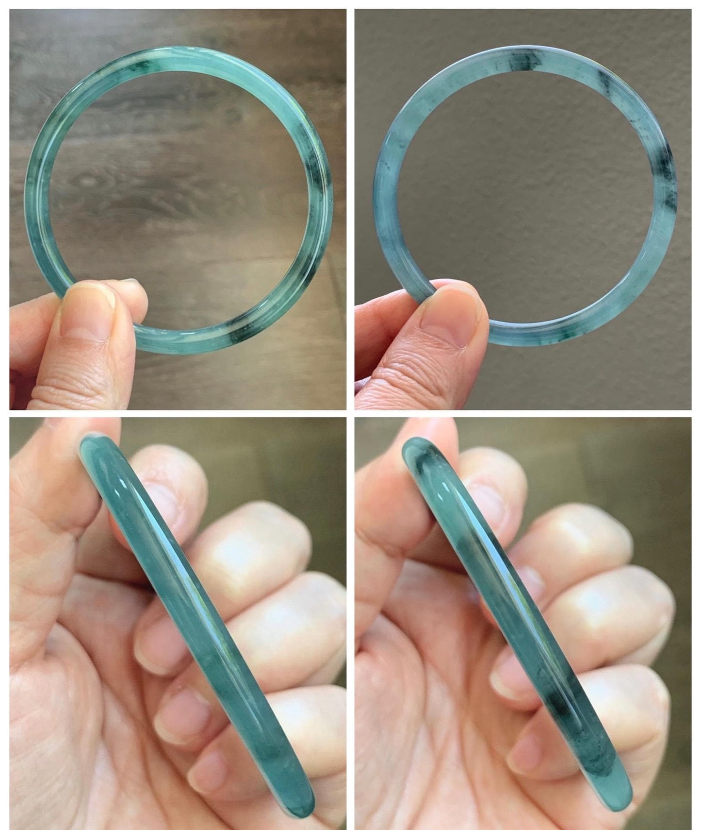 Certified Natural Grade A Guatemalan Icy Translucent Dusty Teal Green Wuji Jade Jadeite Slim Bangle 60.26mm 7.45” 17g 天然冰胶危蓝绿乌鸡翡翠细圆条手镯 1192