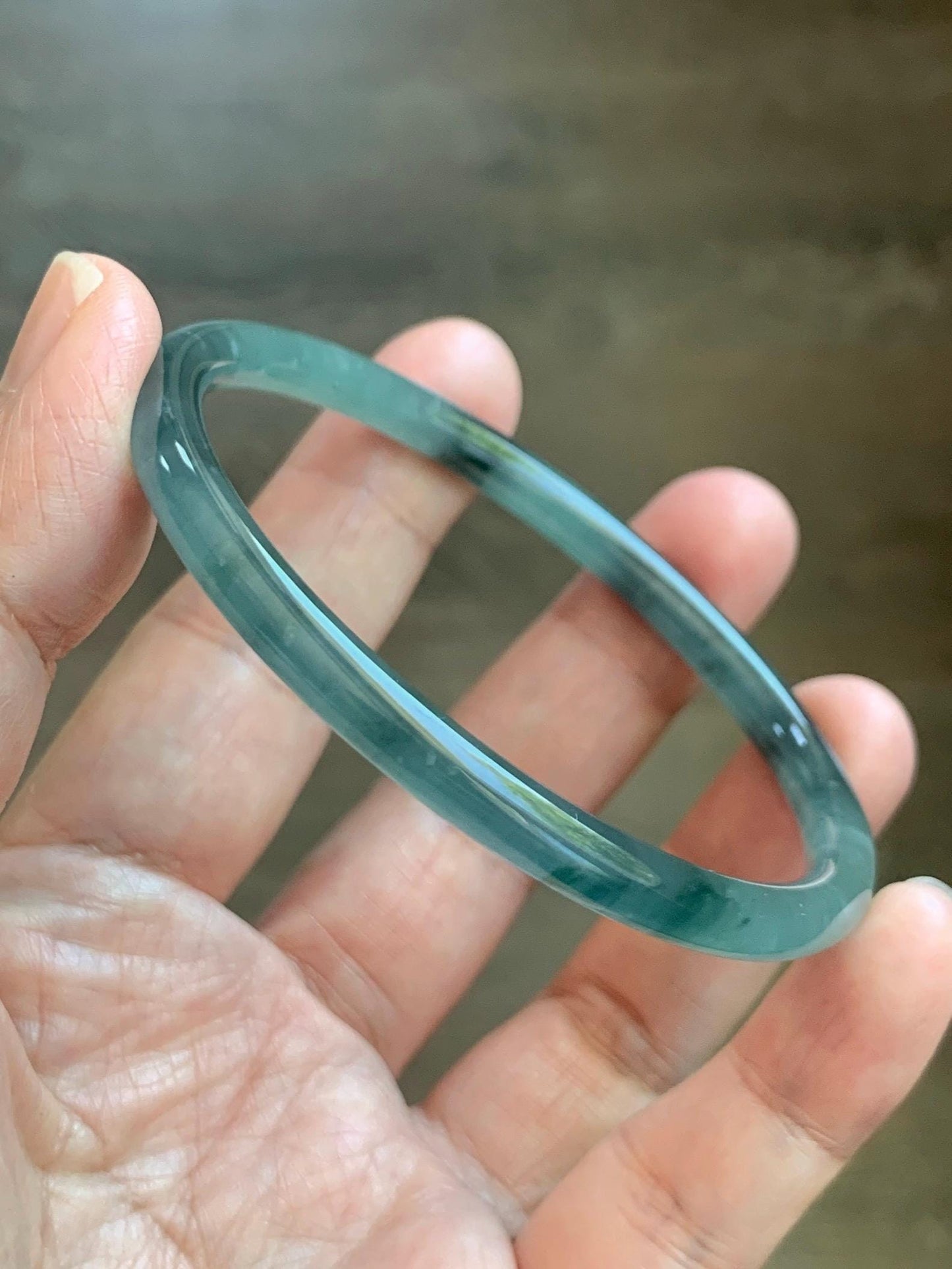 Certified Natural Grade A Guatemalan Icy Translucent Dusty Teal Green Wuji Jade Jadeite Slim Bangle 60.26mm 7.45” 17g 天然冰胶危蓝绿乌鸡翡翠细圆条手镯 1192