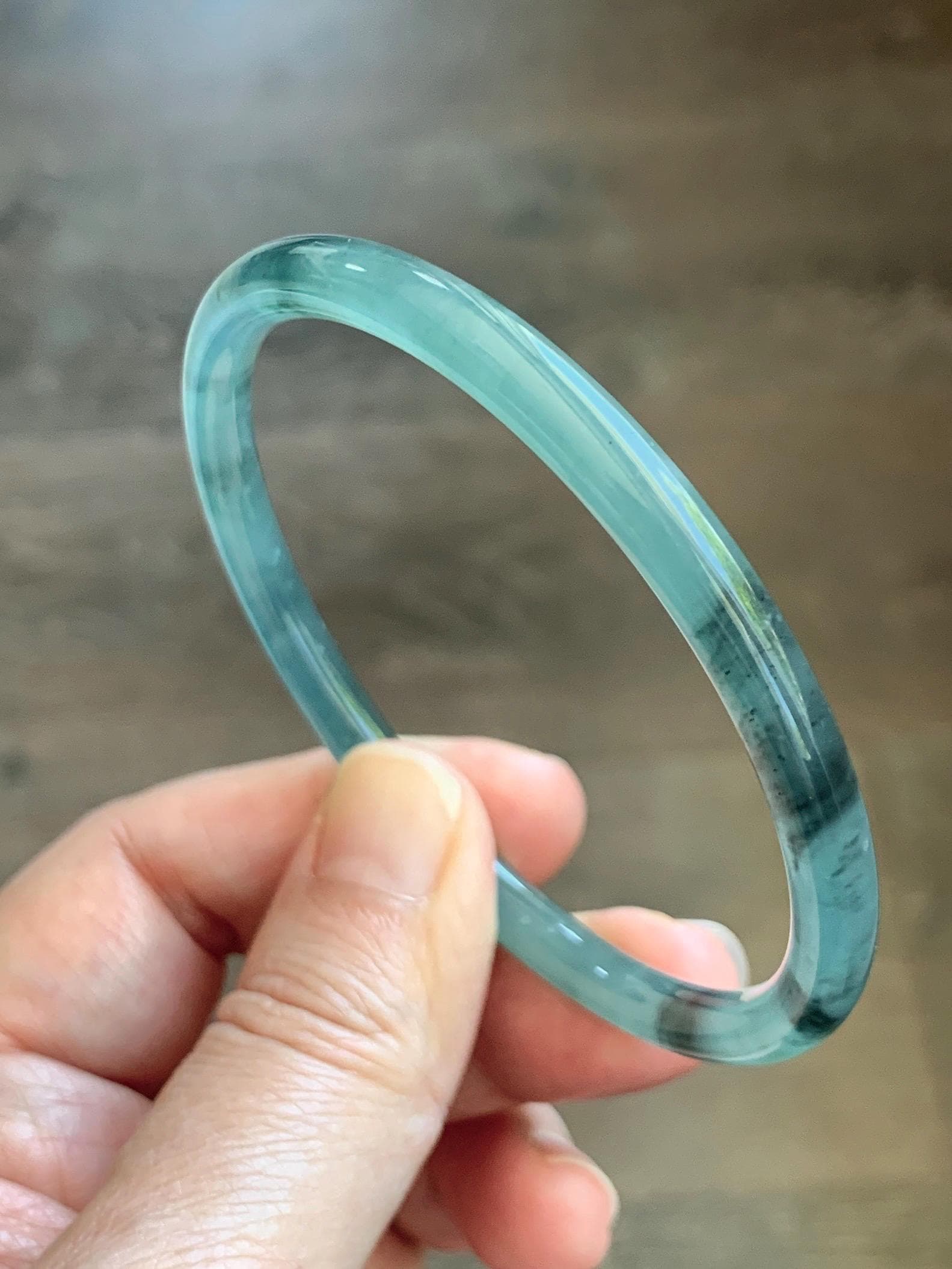 Certified Natural Grade A Guatemalan Icy Translucent Dusty Teal Green Wuji Jade Jadeite Slim Bangle 60.26mm 7.45” 17g 天然冰胶危蓝绿乌鸡翡翠细圆条手镯 1192