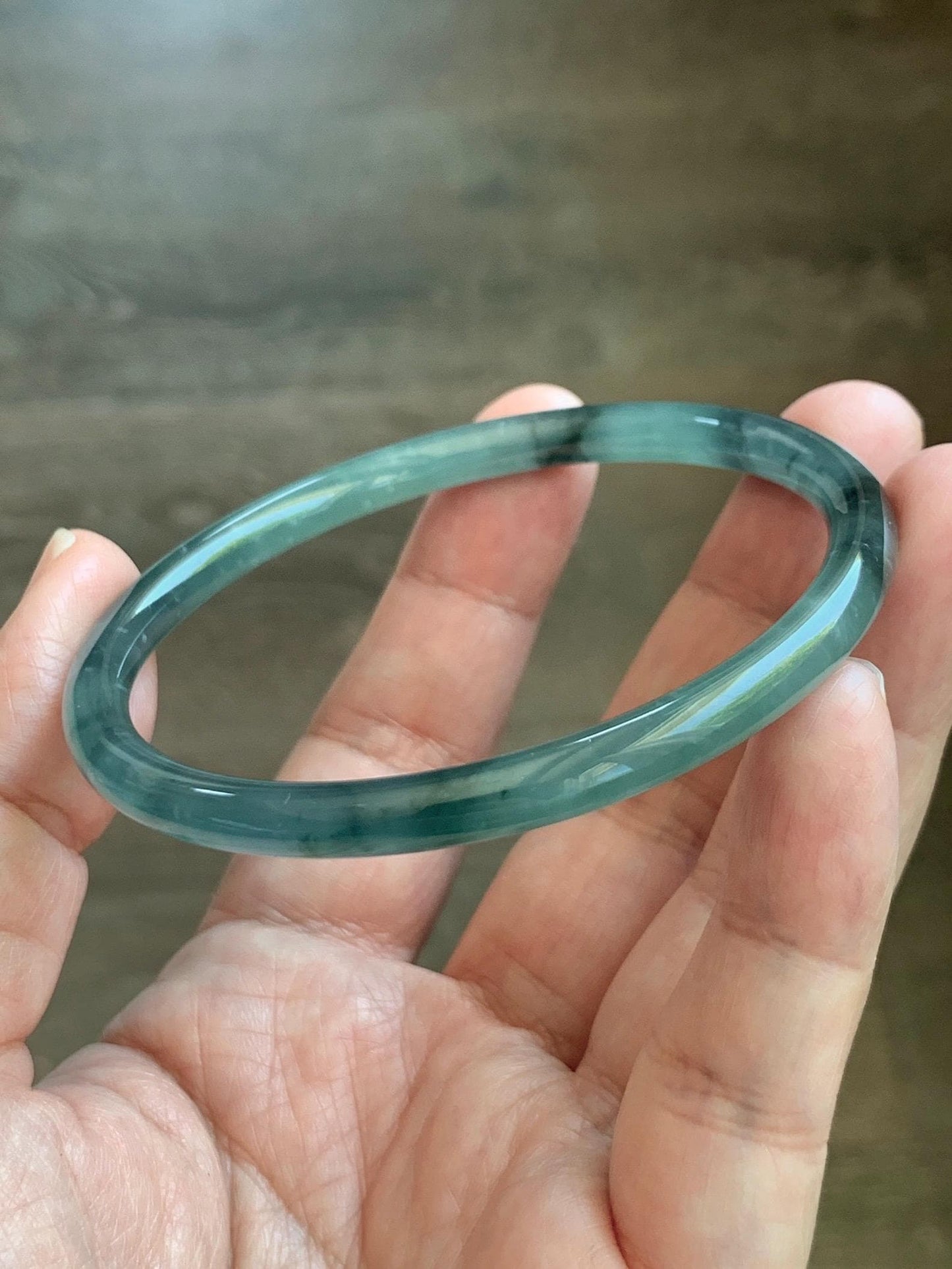 Certified Natural Grade A Guatemalan Icy Translucent Dusty Teal Green Wuji Jade Jadeite Slim Bangle 60.26mm 7.45” 17g 天然冰胶危蓝绿乌鸡翡翠细圆条手镯 1192