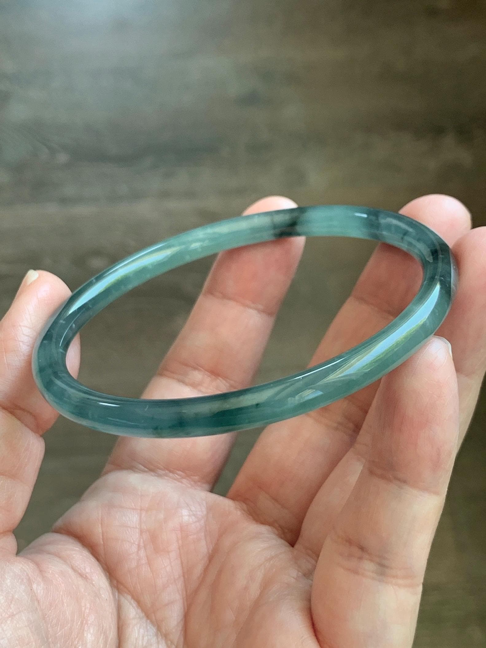 Certified Natural Grade A Guatemalan Icy Translucent Dusty Teal Green Wuji Jade Jadeite Slim Bangle 60.26mm 7.45” 17g 天然冰胶危蓝绿乌鸡翡翠细圆条手镯 1192