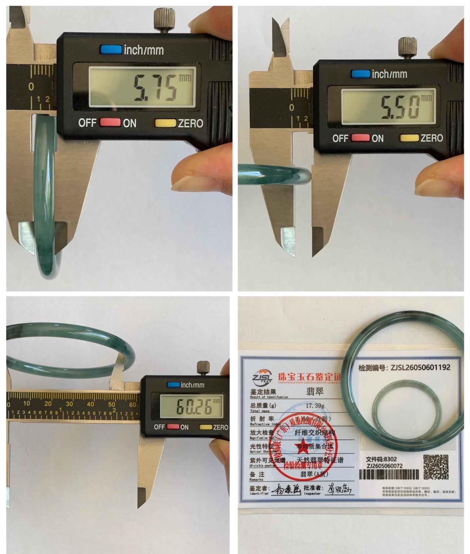 Certified Natural Grade A Guatemalan Icy Translucent Dusty Teal Green Wuji Jade Jadeite Slim Bangle 60.26mm 7.45” 17g 天然冰胶危蓝绿乌鸡翡翠细圆条手镯 1192