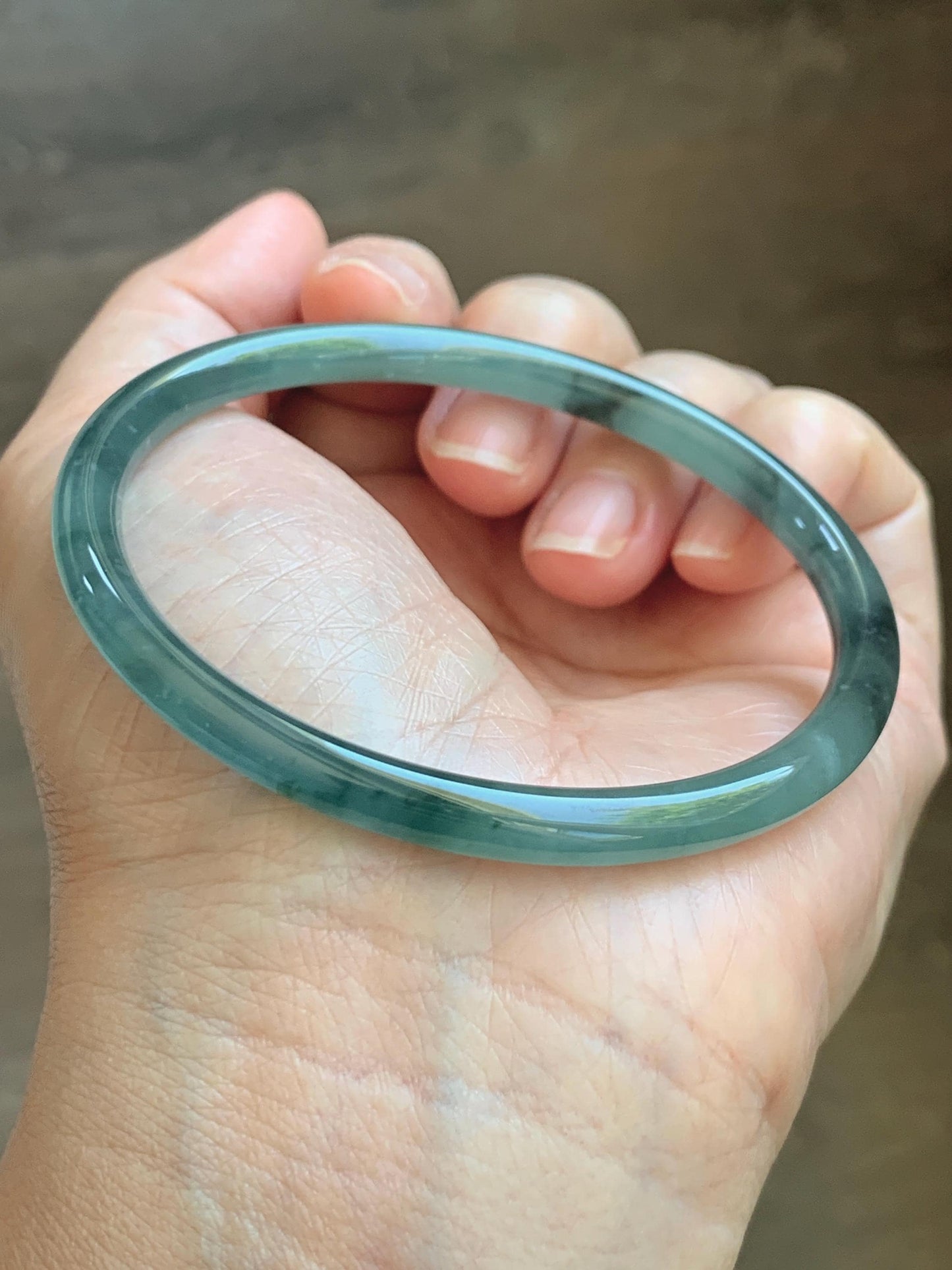 Certified Natural Grade A Guatemalan Icy Translucent Dusty Teal Green Wuji Jade Jadeite Slim Bangle 60.26mm 7.45” 17g 天然冰胶危蓝绿乌鸡翡翠细圆条手镯 1192