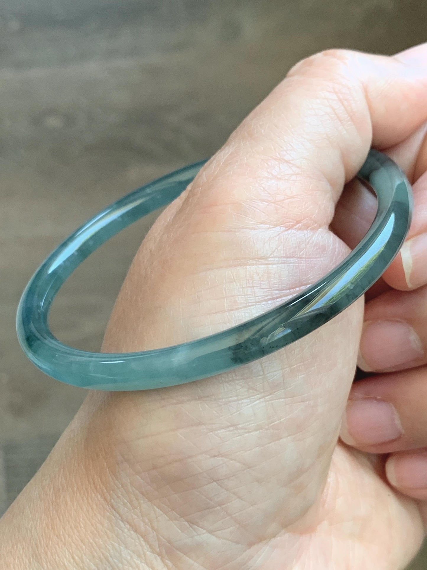Certified Natural Grade A Guatemalan Icy Translucent Dusty Teal Green Wuji Jade Jadeite Slim Bangle 60.26mm 7.45” 17g 天然冰胶危蓝绿乌鸡翡翠细圆条手镯 1192
