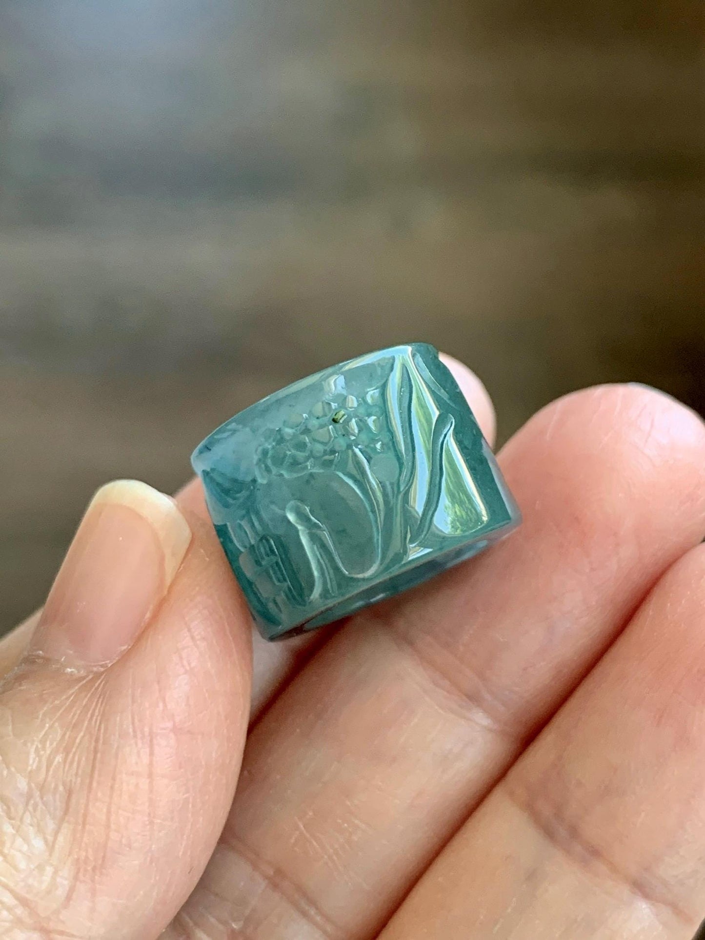 Natural Grade A Guatemalan Icy Translucent Dark Teal Blue Jade Jadeite Carved Shan Shui Band Ring Pendant & Barrel Bead 天然冰危深蓝绿翡翠山水戒圈WSX160B