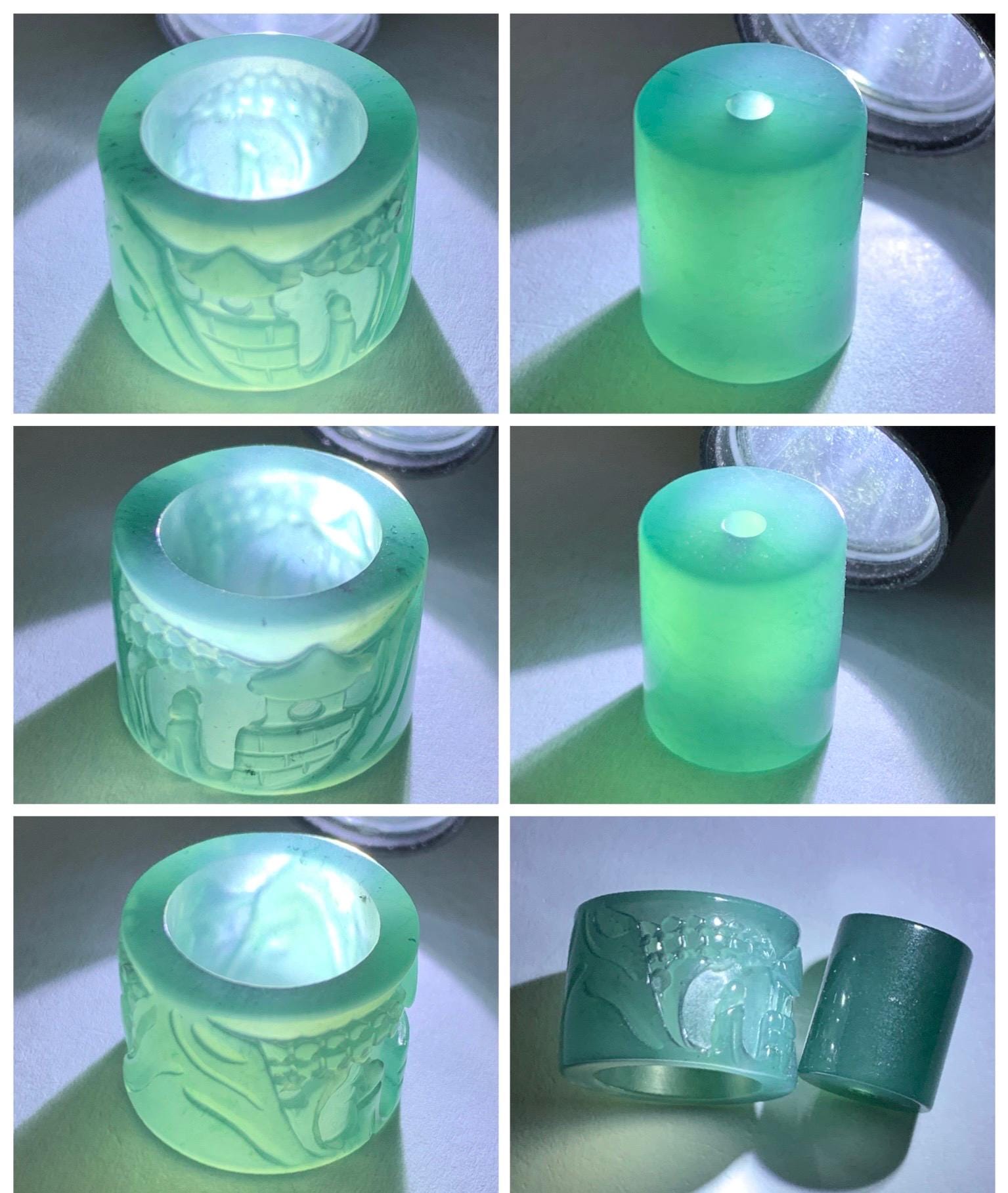 Natural Grade A Guatemalan Icy Translucent Dark Teal Blue Jade Jadeite Carved Shan Shui Band Ring Pendant & Barrel Bead 天然冰危深蓝绿翡翠山水戒圈WSX160B
