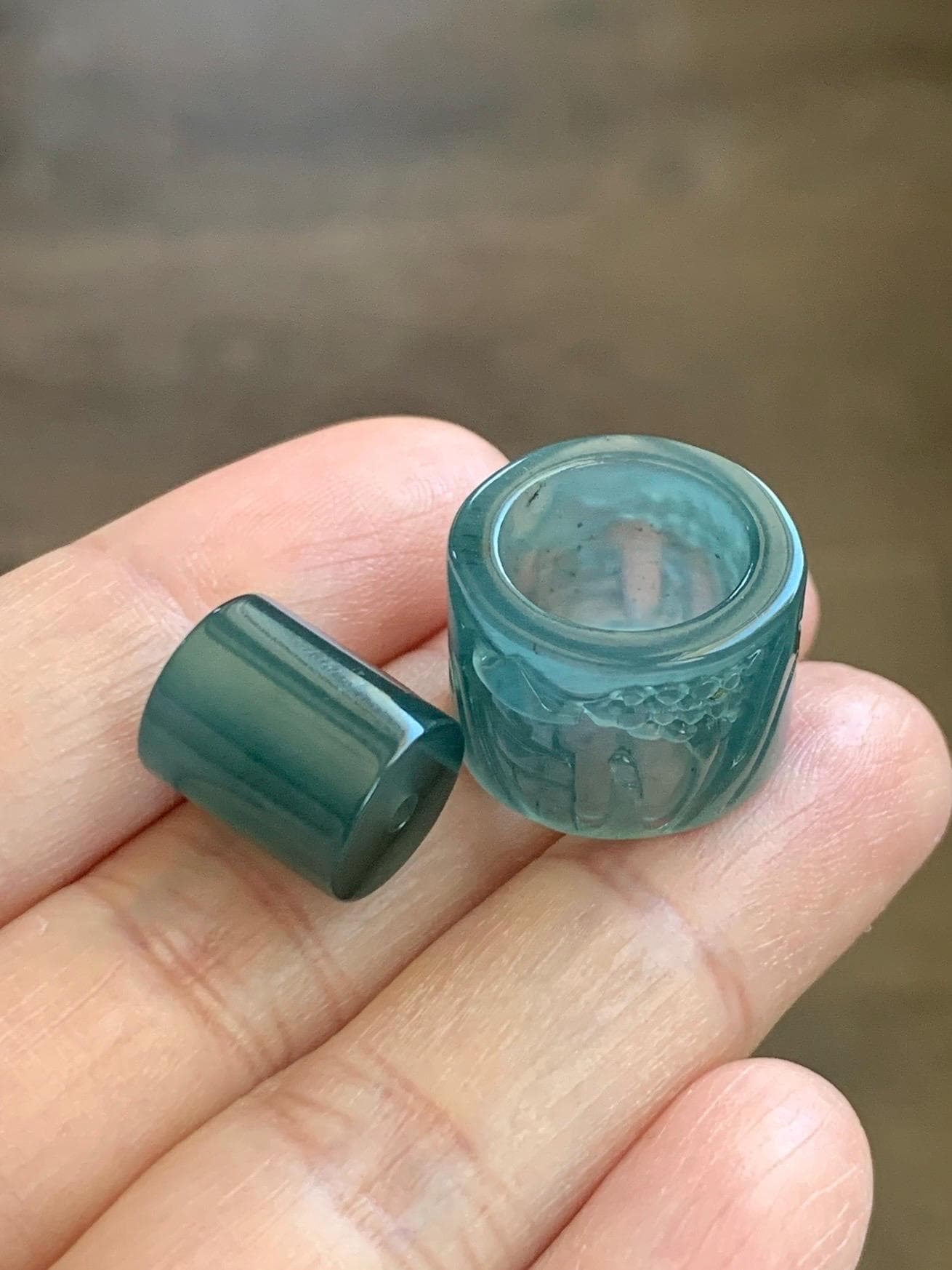 Natural Grade A Guatemalan Icy Translucent Dark Teal Blue Jade Jadeite Carved Shan Shui Band Ring Pendant & Barrel Bead 天然冰危深蓝绿翡翠山水戒圈WSX160B