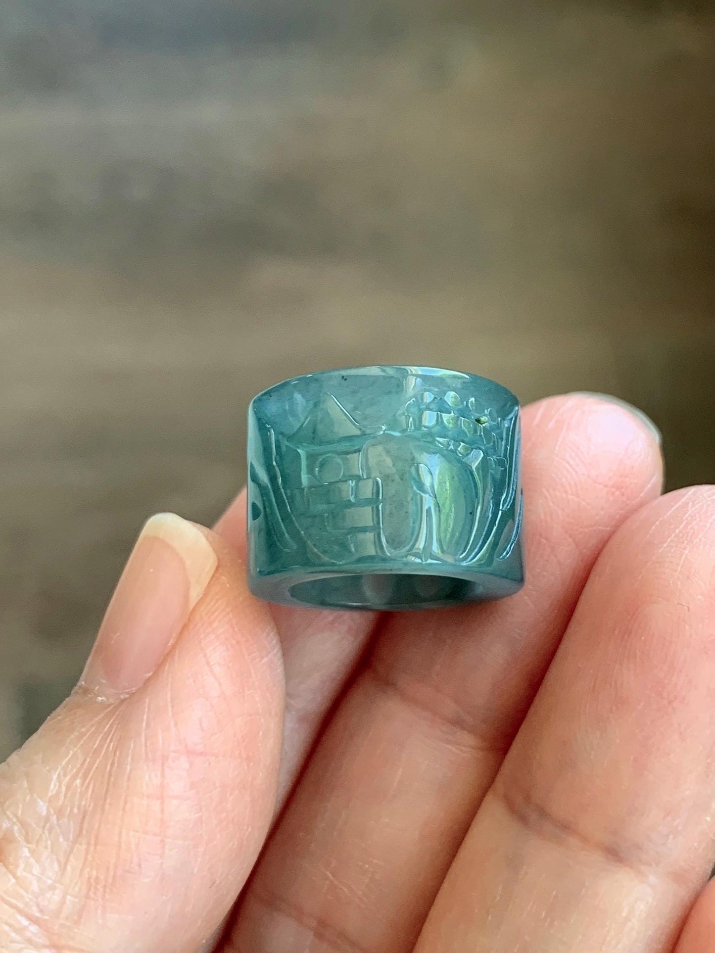Natural Grade A Guatemalan Icy Translucent Dark Teal Blue Jade Jadeite Carved Shan Shui Band Ring Pendant & Barrel Bead 天然冰危深蓝绿翡翠山水戒圈WSX160B