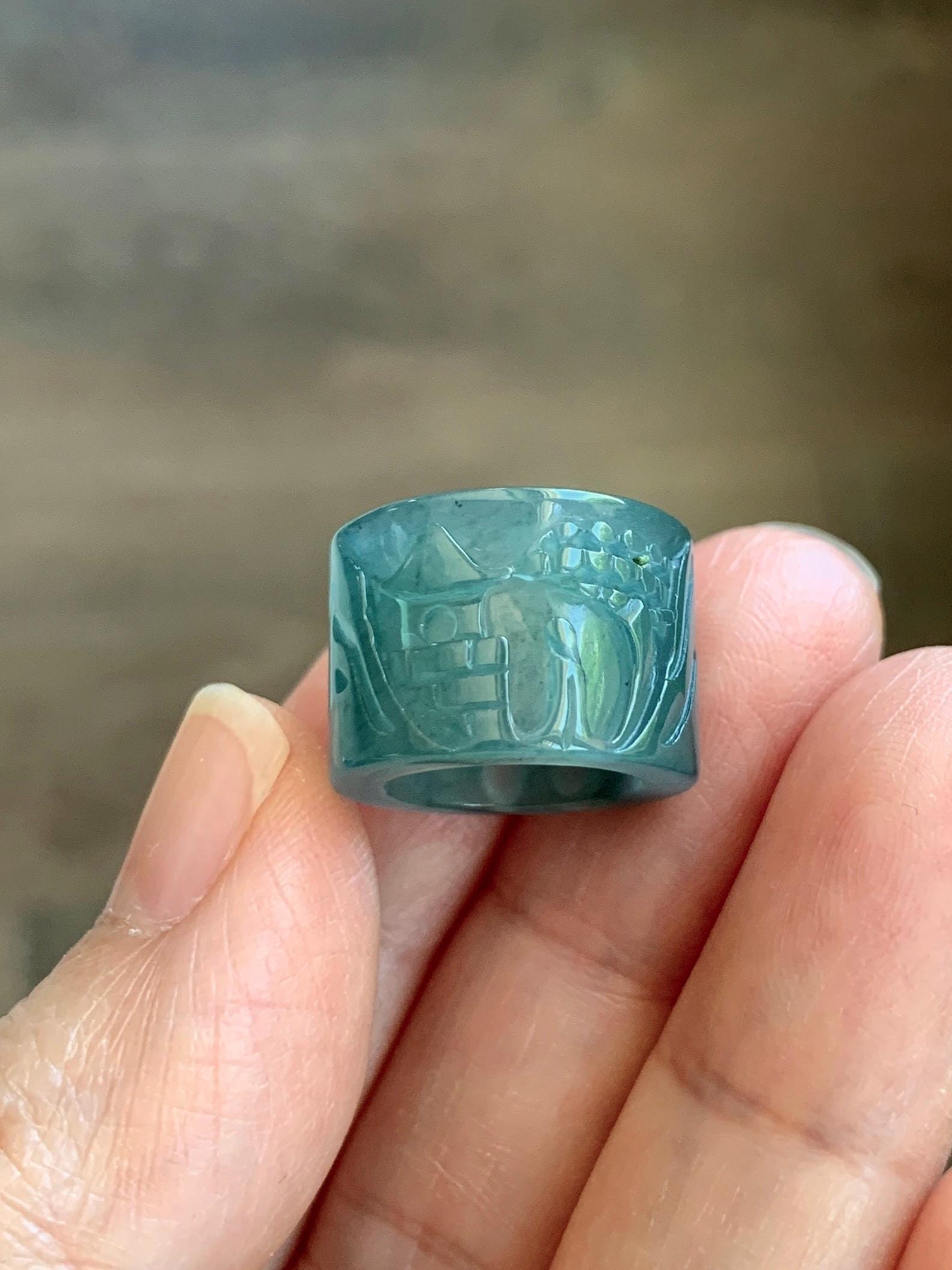 Natural Grade A Guatemalan Icy Translucent Dark Teal Blue Jade Jadeite Carved Shan Shui Band Ring Pendant & Barrel Bead 天然冰危深蓝绿翡翠山水戒圈WSX160B