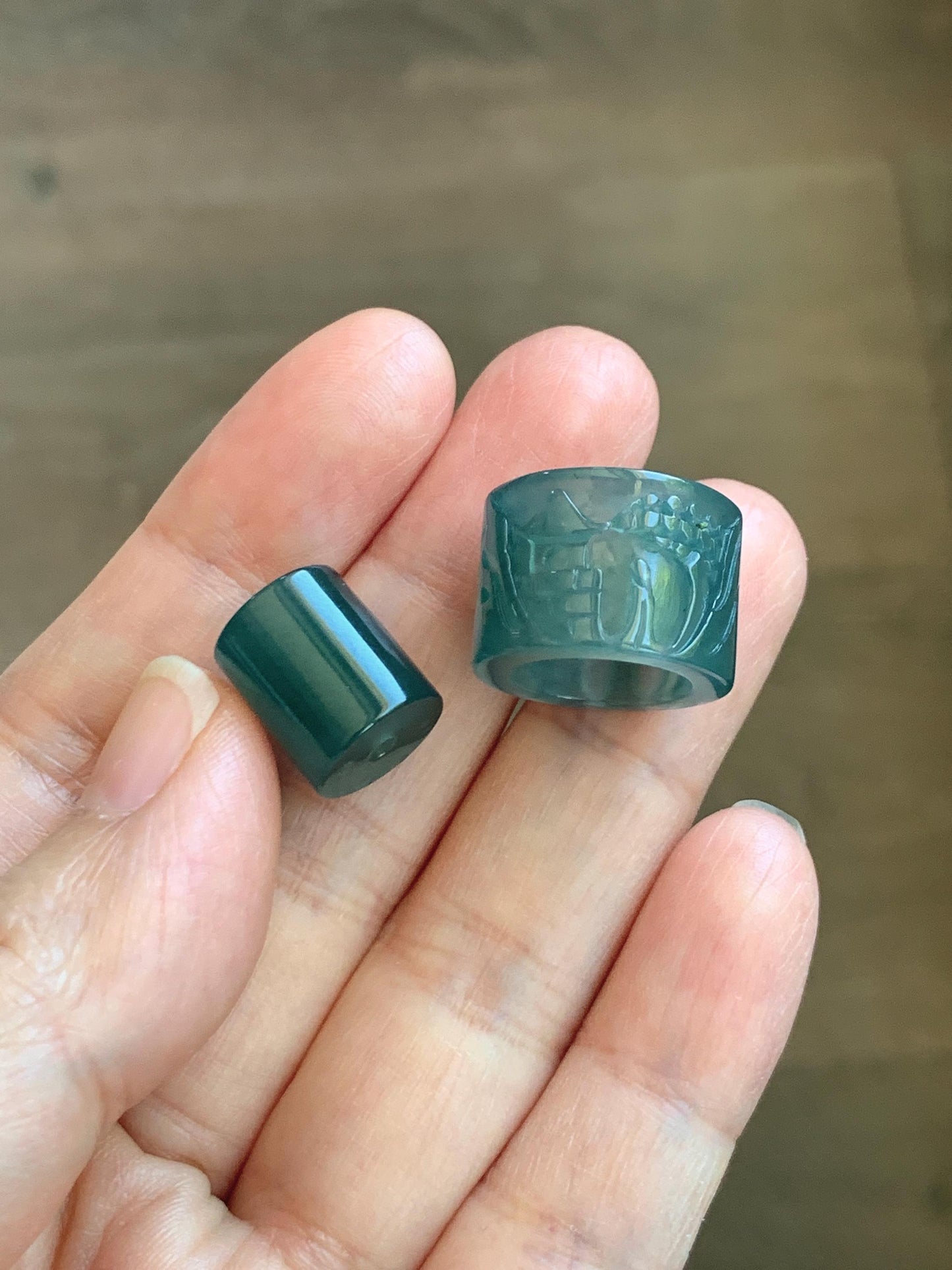 Natural Grade A Guatemalan Icy Translucent Dark Teal Blue Jade Jadeite Carved Shan Shui Band Ring Pendant & Barrel Bead 天然冰危深蓝绿翡翠山水戒圈WSX160B