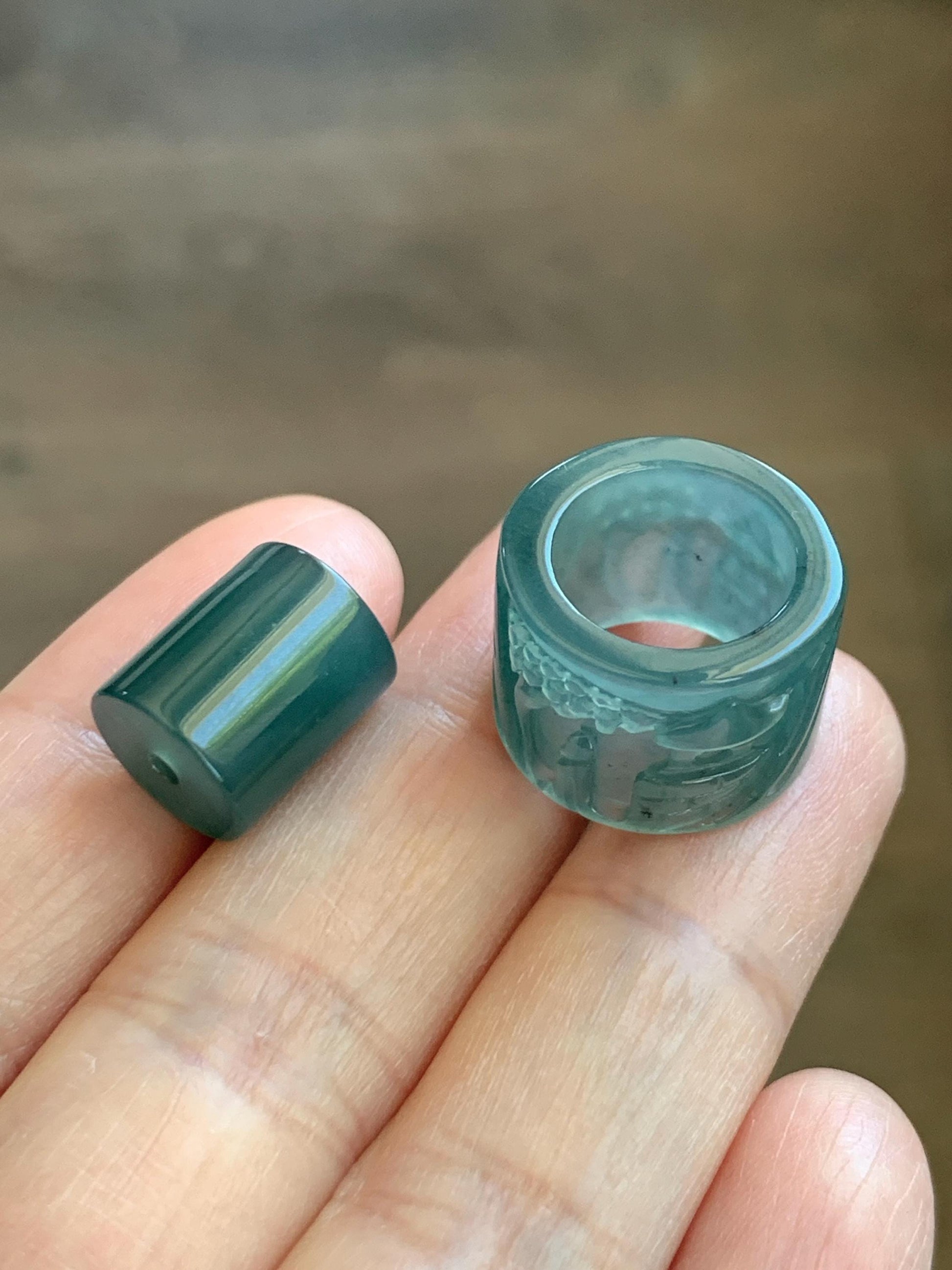 Natural Grade A Guatemalan Icy Translucent Dark Teal Blue Jade Jadeite Carved Shan Shui Band Ring Pendant & Barrel Bead 天然冰危深蓝绿翡翠山水戒圈WSX160B