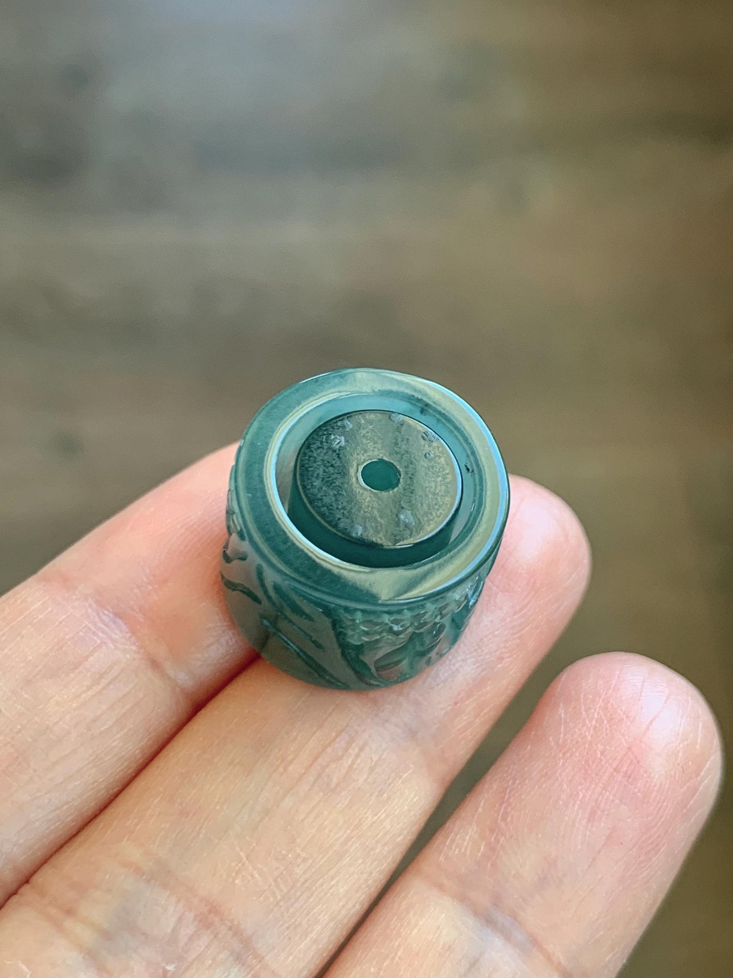 Natural Grade A Guatemalan Icy Translucent Dark Teal Blue Jade Jadeite Carved Shan Shui Band Ring Pendant & Barrel Bead 天然冰危深蓝绿翡翠山水戒圈WSX160B