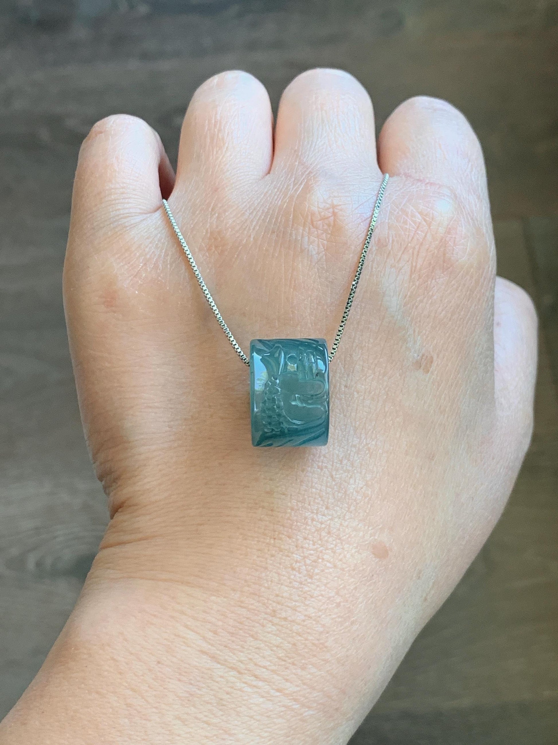 Natural Grade A Guatemalan Icy Translucent Dark Teal Blue Jade Jadeite Carved Shan Shui Band Ring Pendant & Barrel Bead 天然冰危深蓝绿翡翠山水戒圈WSX160B