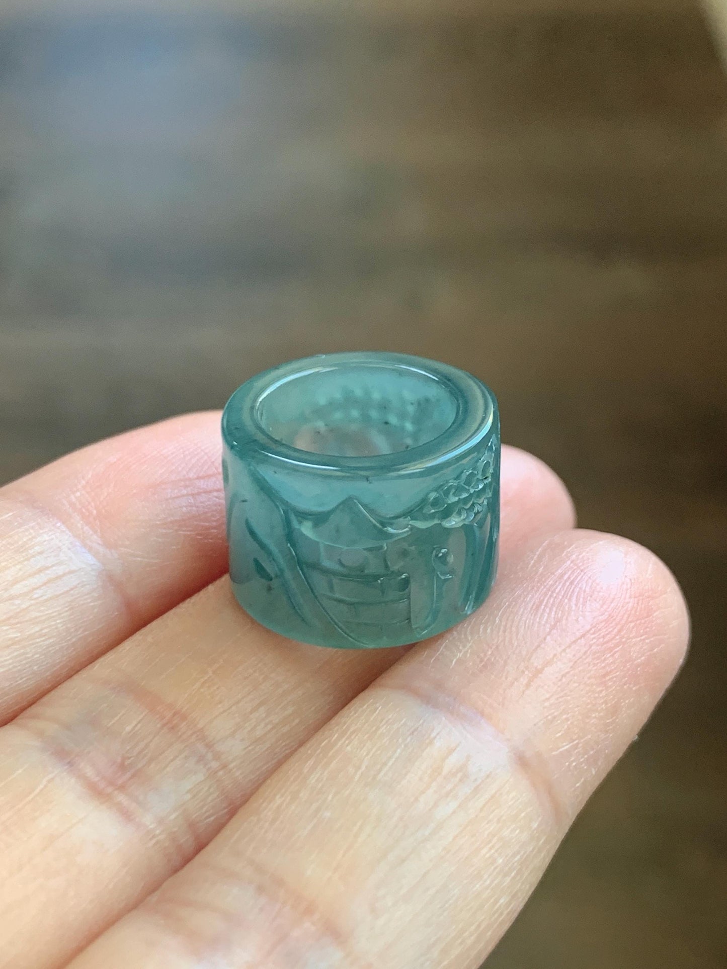 Natural Grade A Guatemalan Icy Translucent Dark Teal Blue Jade Jadeite Carved Shan Shui Band Ring Pendant & Barrel Bead 天然冰危深蓝绿翡翠山水戒圈WSX160B