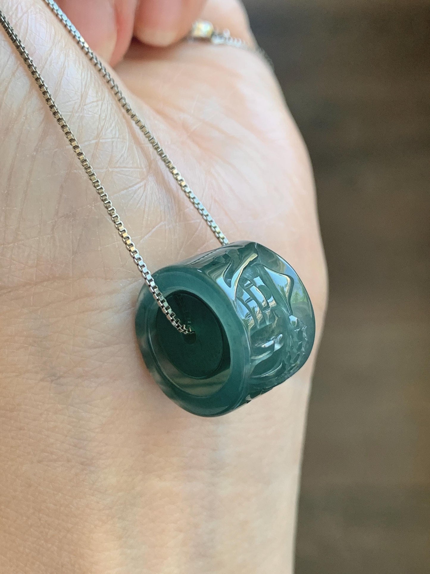 Natural Grade A Guatemalan Icy Translucent Dark Teal Blue Jade Jadeite Carved Shan Shui Band Ring Pendant & Barrel Bead 天然冰危深蓝绿翡翠山水戒圈WSX160B