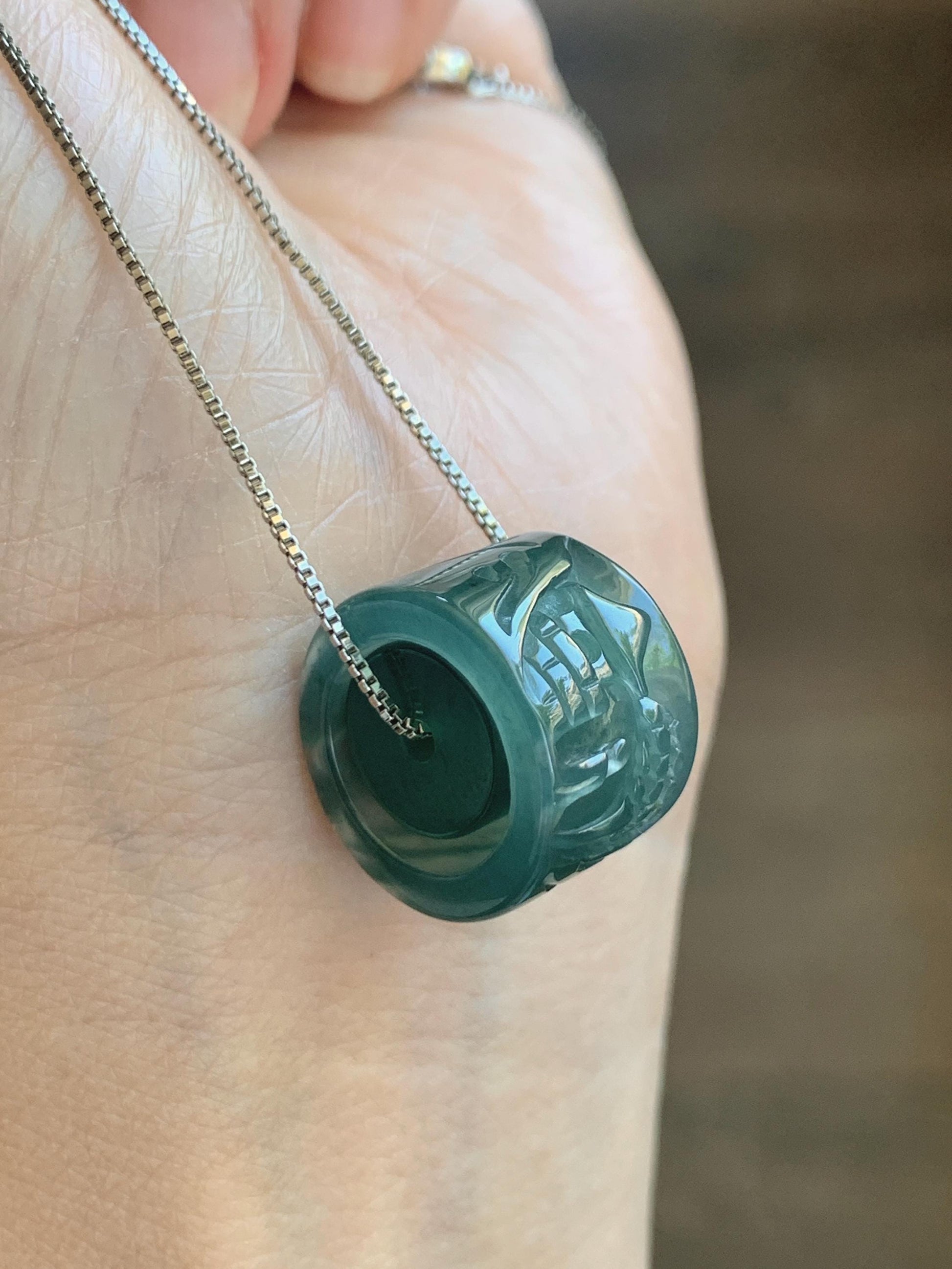 Natural Grade A Guatemalan Icy Translucent Dark Teal Blue Jade Jadeite Carved Shan Shui Band Ring Pendant & Barrel Bead 天然冰危深蓝绿翡翠山水戒圈WSX160B