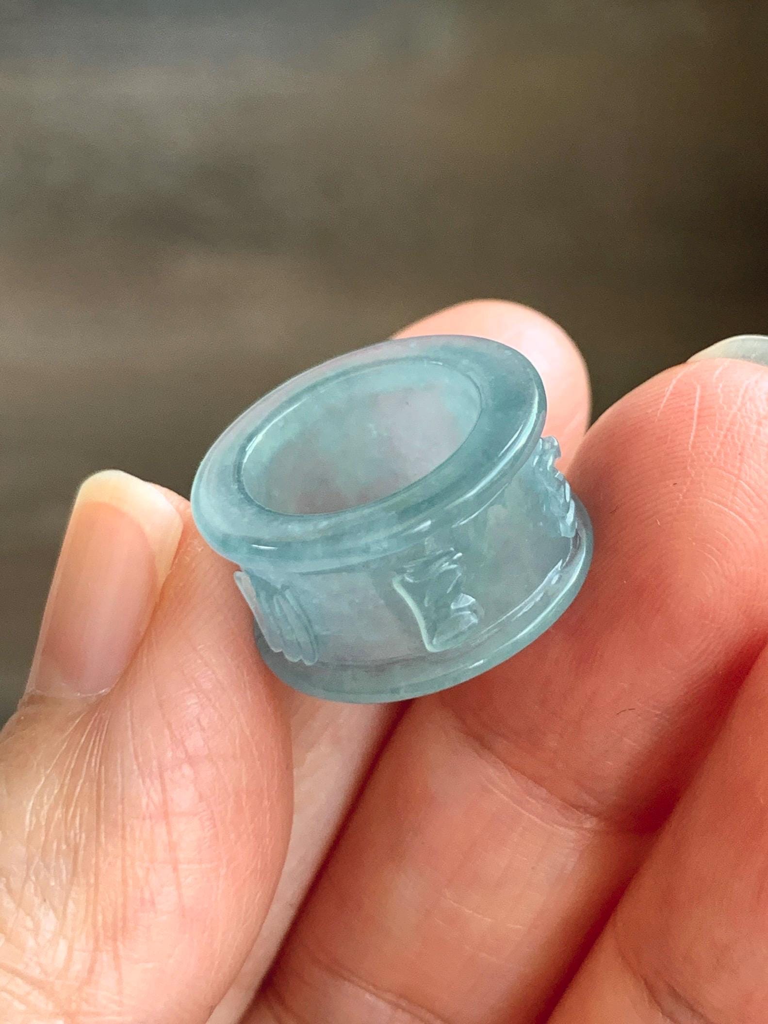 Natural Grade A Guatemalan Icy Translucent Dusty Blue Jade Jadeite Six Word Mantra Band Ring Pendant & Barrel Bead 天然冰危浅蓝翡翠六字戒桶珠 WLZ160A