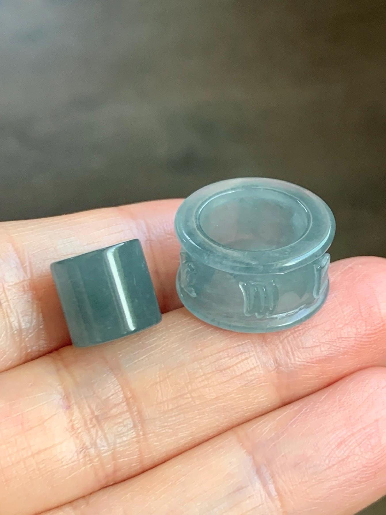 Natural Grade A Guatemalan Icy Translucent Dusty Blue Jade Jadeite Six Word Mantra Band Ring Pendant & Barrel Bead 天然冰危浅蓝翡翠六字戒桶珠 WLZ160A