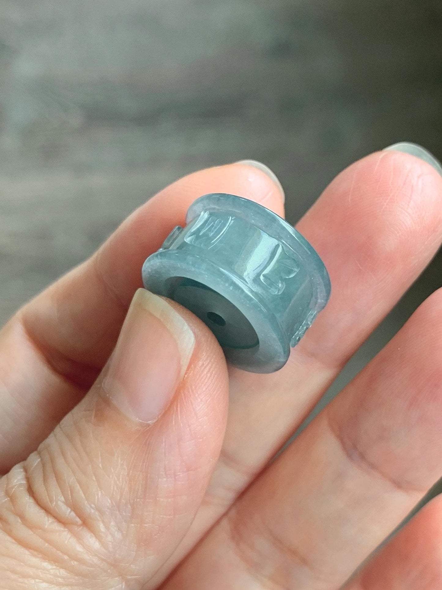 Natural Grade A Guatemalan Icy Translucent Dusty Blue Jade Jadeite Six Word Mantra Band Ring Pendant & Barrel Bead 天然冰危浅蓝翡翠六字戒桶珠 WLZ160A