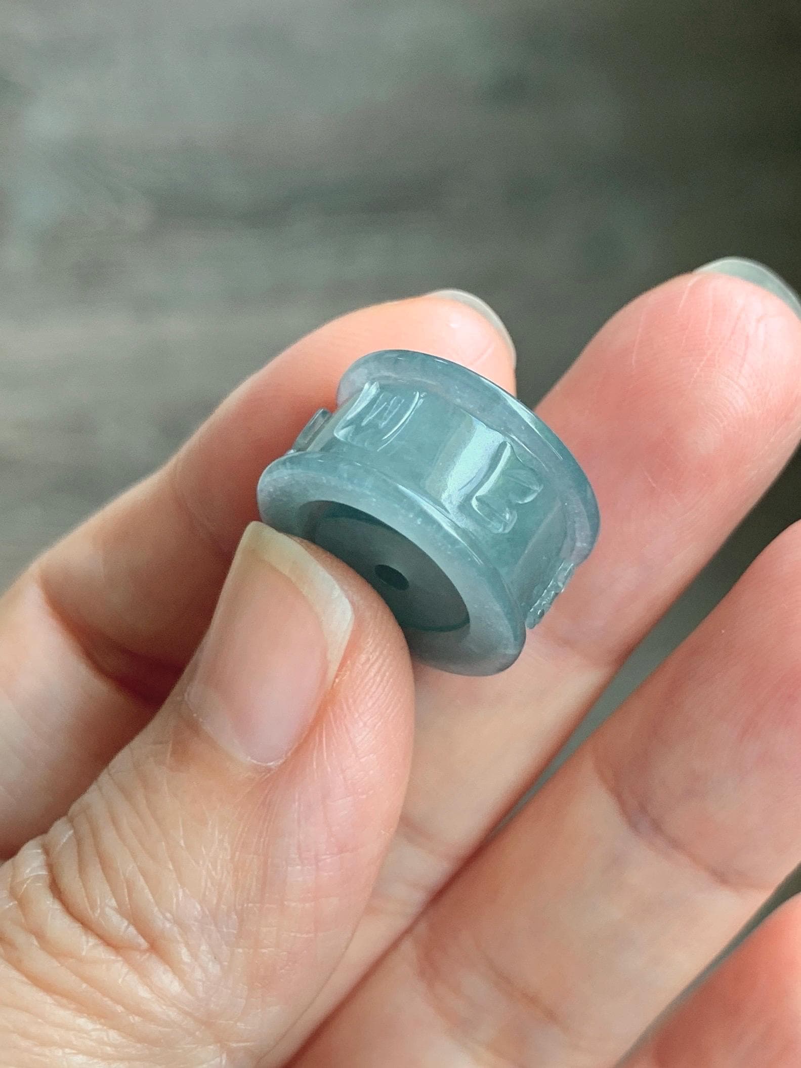 Natural Grade A Guatemalan Icy Translucent Dusty Blue Jade Jadeite Six Word Mantra Band Ring Pendant & Barrel Bead 天然冰危浅蓝翡翠六字戒桶珠 WLZ160A