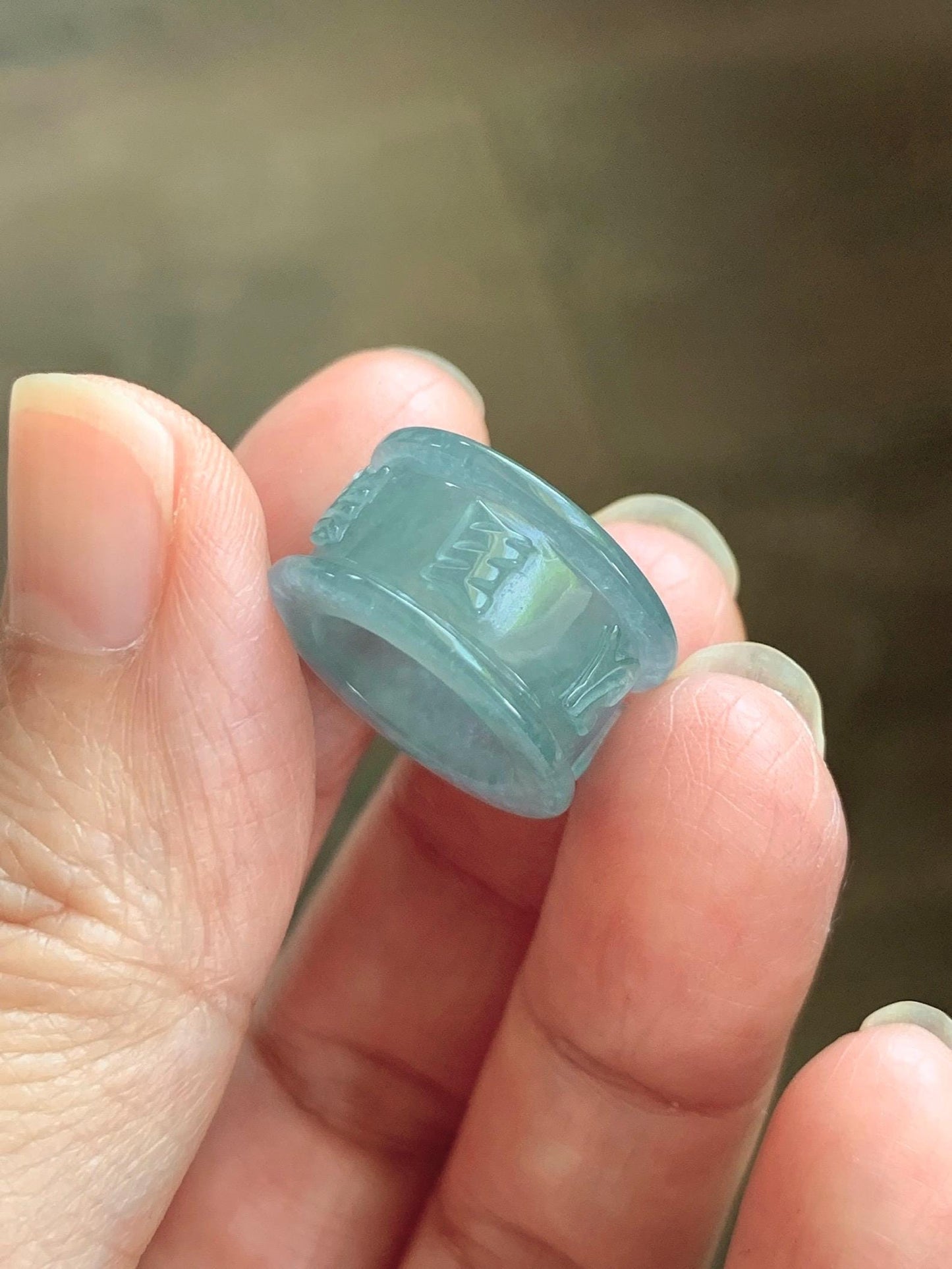 Natural Grade A Guatemalan Icy Translucent Dusty Blue Jade Jadeite Six Word Mantra Band Ring Pendant & Barrel Bead 天然冰危浅蓝翡翠六字戒桶珠 WLZ160A