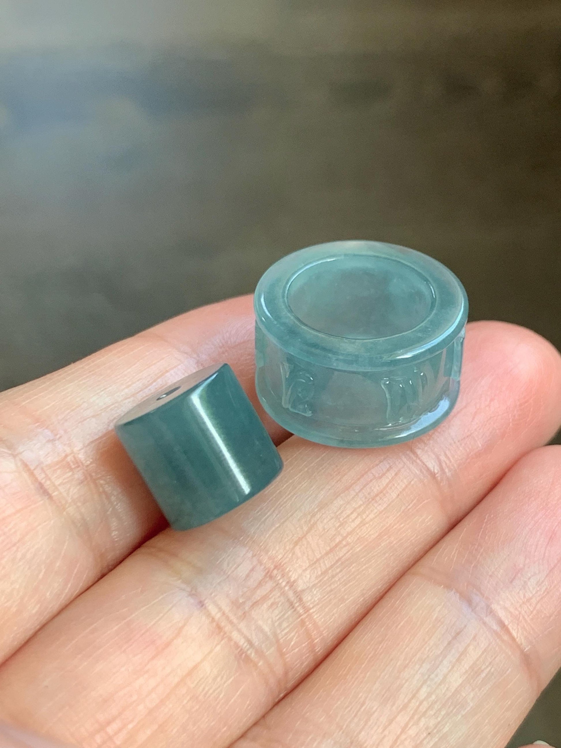 Natural Grade A Guatemalan Icy Translucent Dusty Blue Jade Jadeite Six Word Mantra Band Ring Pendant & Barrel Bead 天然冰危浅蓝翡翠六字戒桶珠 WLZ160A